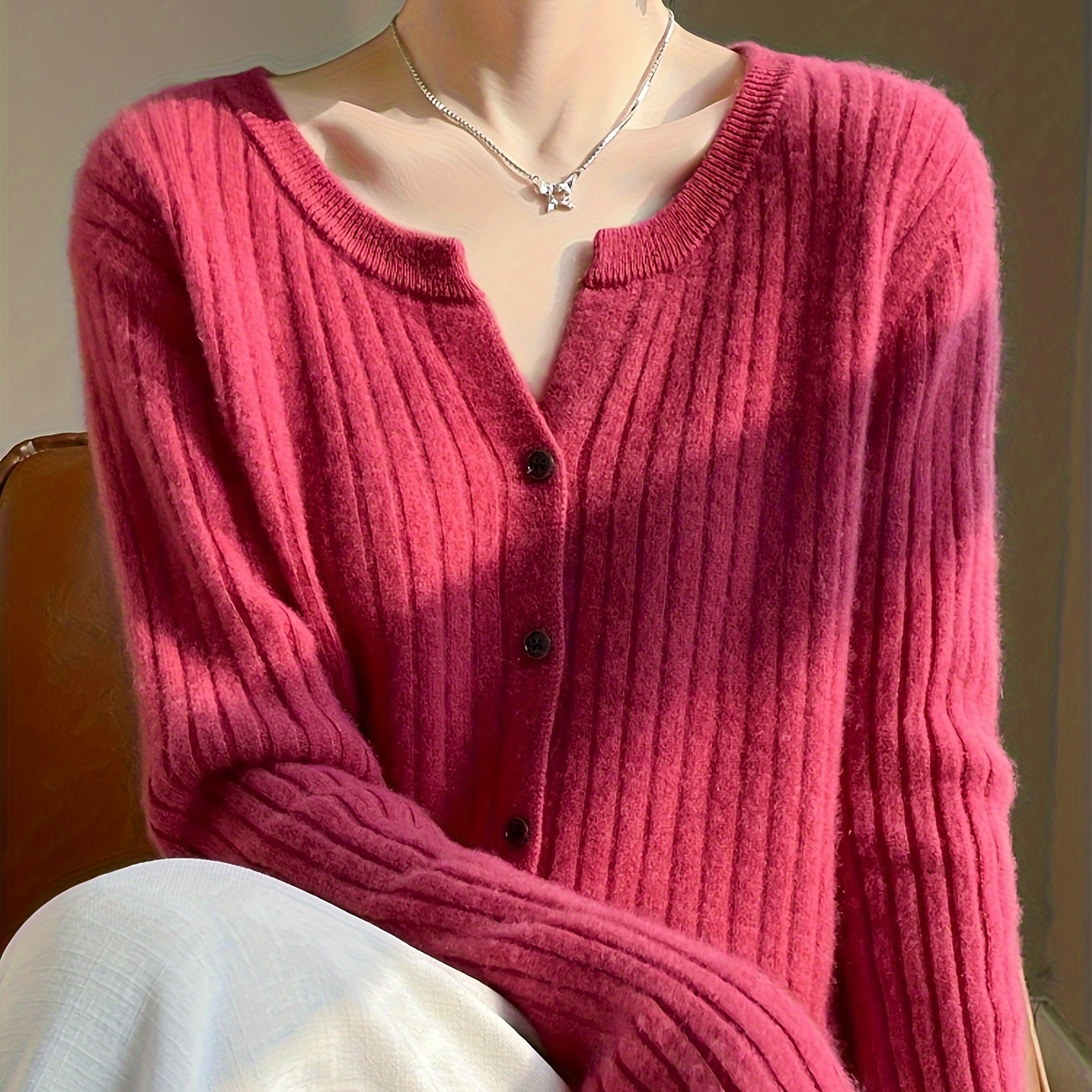 

Solid Color Button Front Rib Knit Cardigan, Elegant Crew Neck Long Sleeve Cardigan For Spring & Fall, Women's Clothing