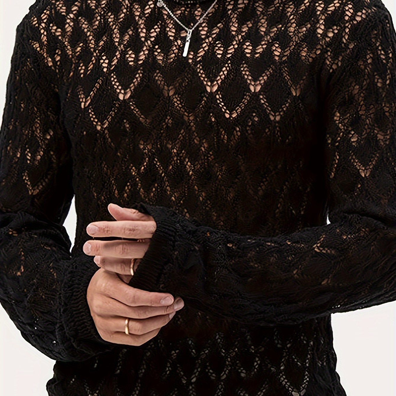 

Trendy Knit Sweater Sheer Mesh Hollow Design Casual Round Neck Pullover Sweater Sexy Clubwear For Men