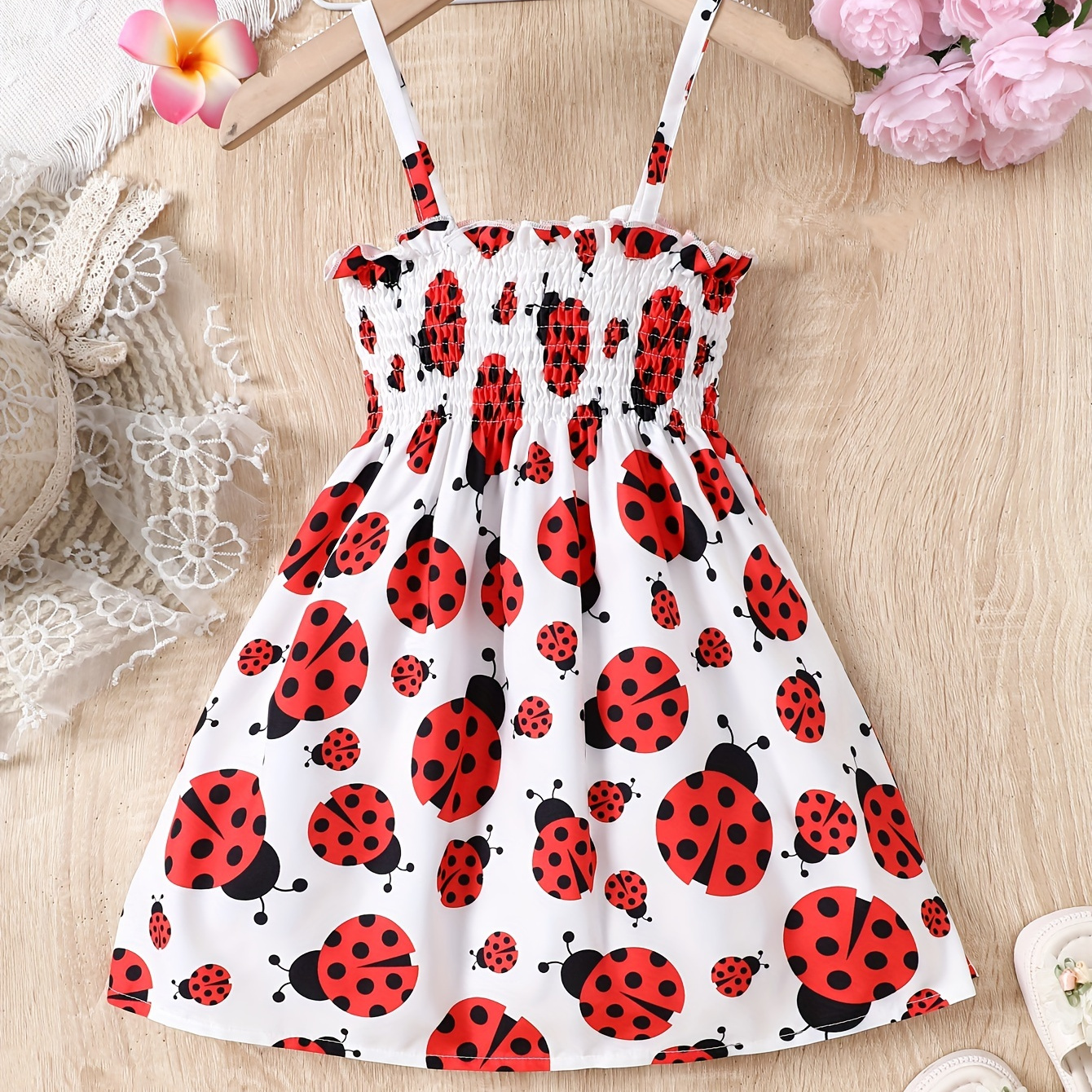 

Girl Cute Ladybug Pattern Slip Dress Party Beach Vacation Sleeveless Dress For Summer