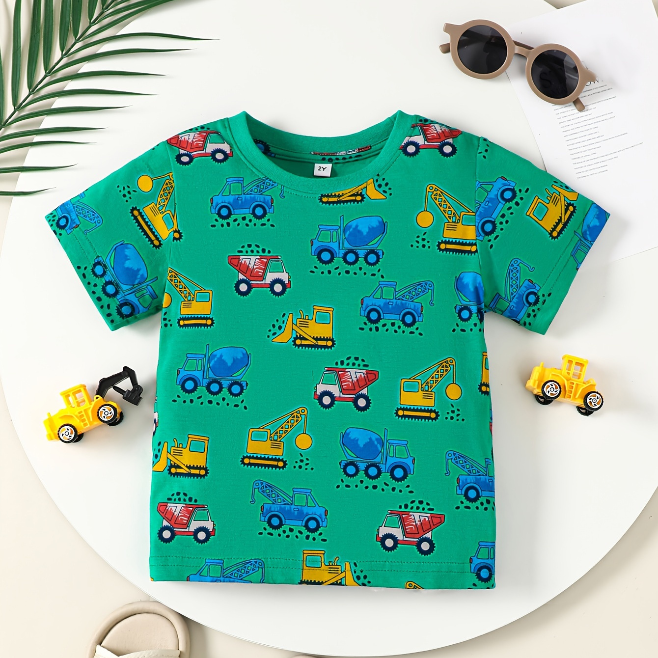 

Cartoon Construction Car Allover Print Boy's Leisure Short Sleeve Sports T-shirt - 100% Cotton Summer Outdoor Clothing