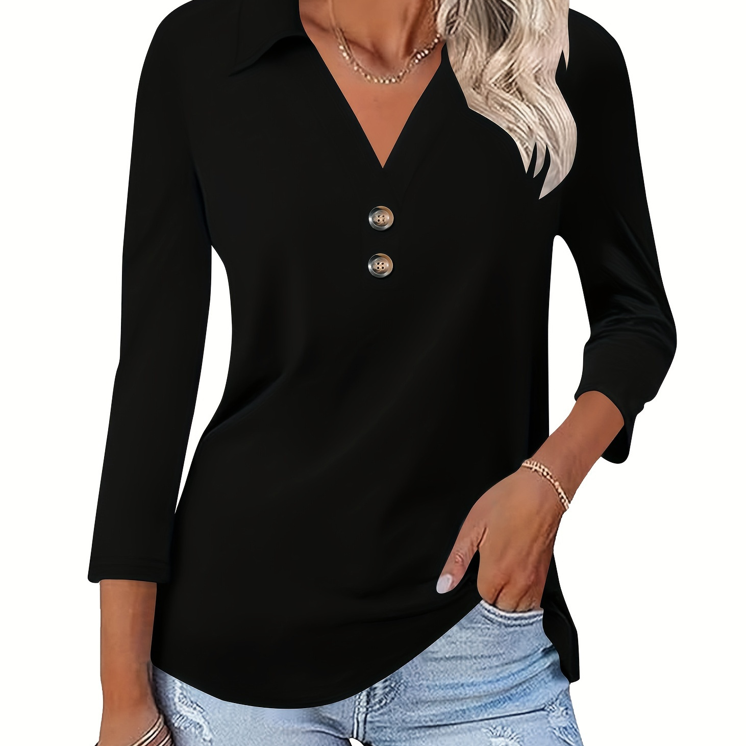 

Women's Elegant Solid Color 3/4 Sleeve V-neck T-shirt Button Decorated Lapel Fashionable Top