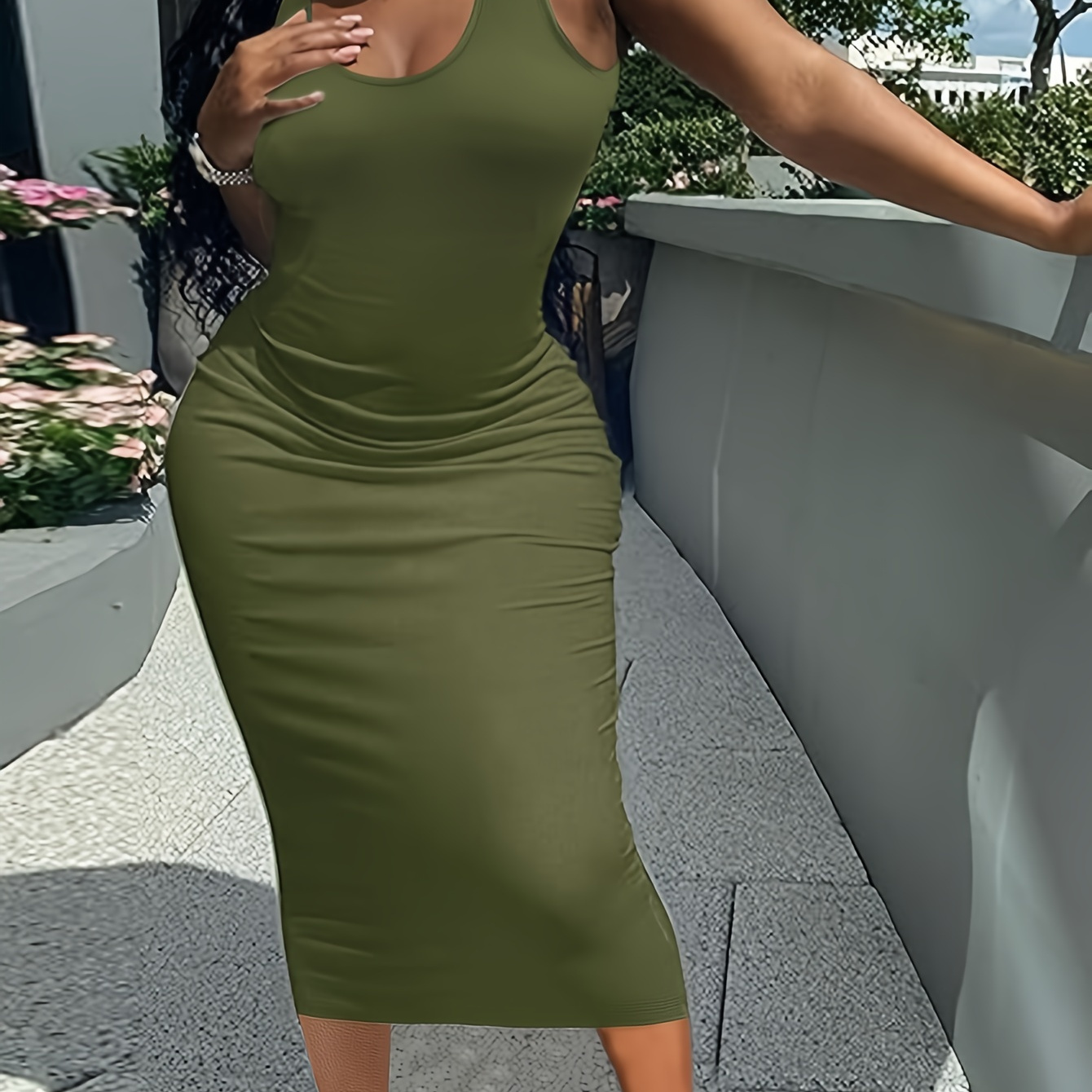 

Solid Color Crew Neck Dress, Casual Sleeveless Bodycon Dress For , Women's Clothing
