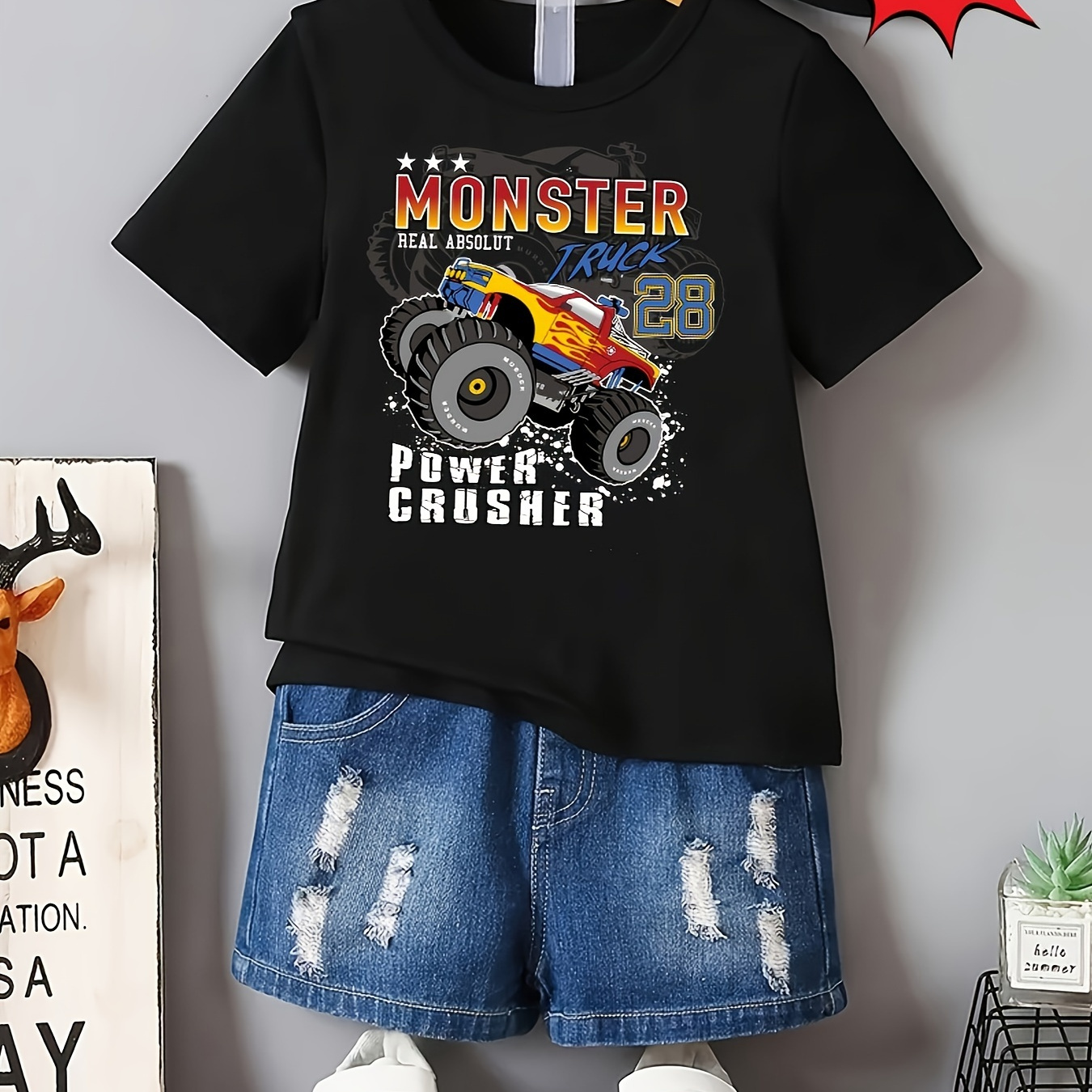 

Boys Casual Comfy Summer Short Sleeve Crew Neck T-shirt - Power Crusher... & Monster Trucks Print Trendy Summer Gift