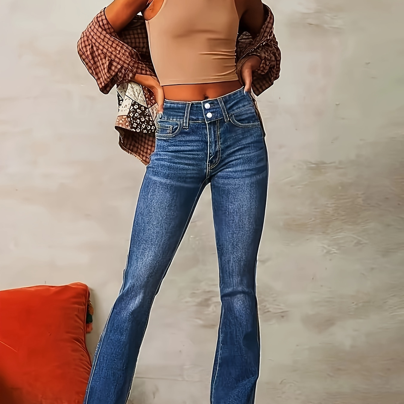 

Women's Elegant High-waisted Flare Leg Jeans, Denim Cotton , High Stretch, Solid Color, Washed Detail, For Woven Pants