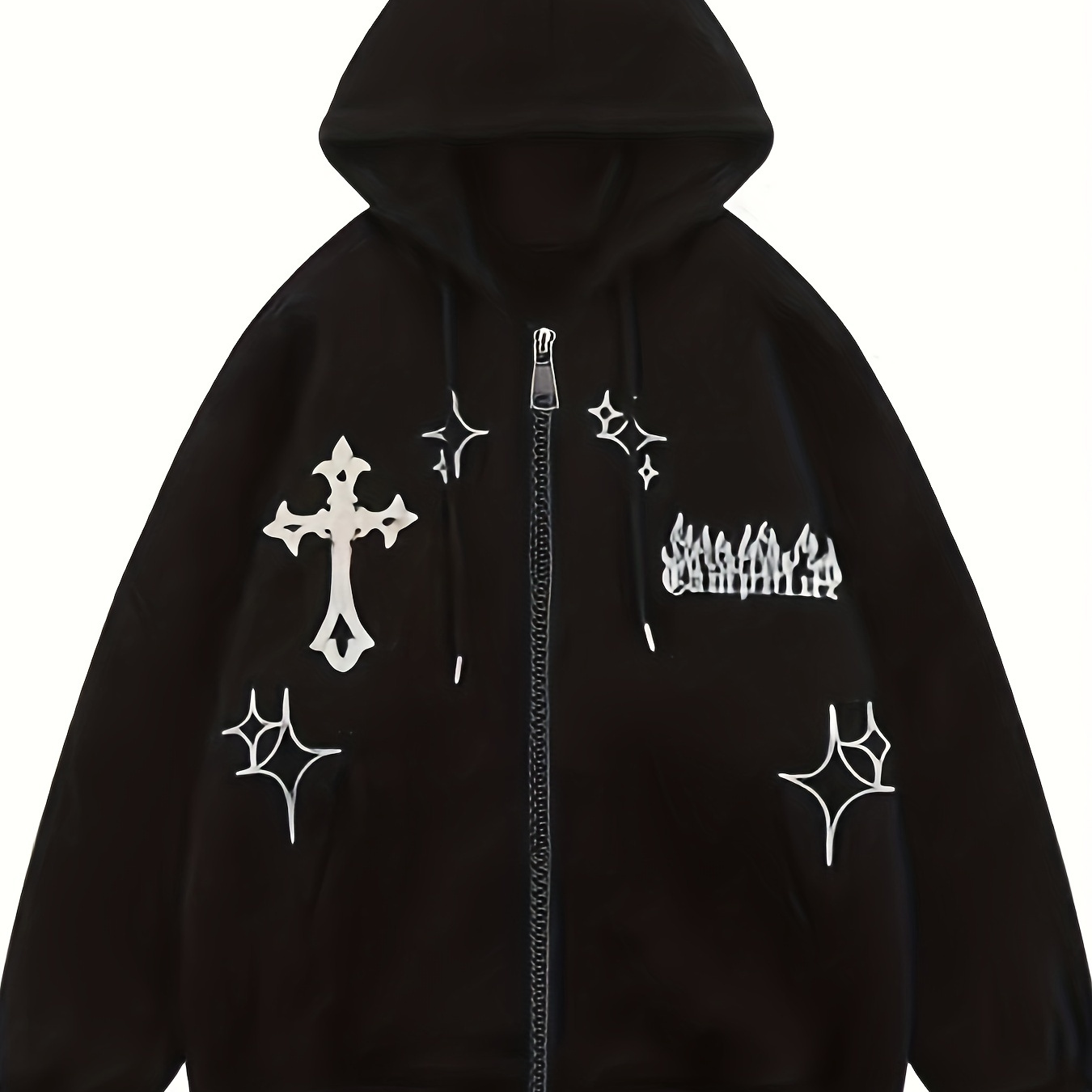 

Gothic Graphic Print Zip Front Hoodie, Vintage Long Sleeve Drawstring Hoodie For Spring & Fall, Women's Clothing