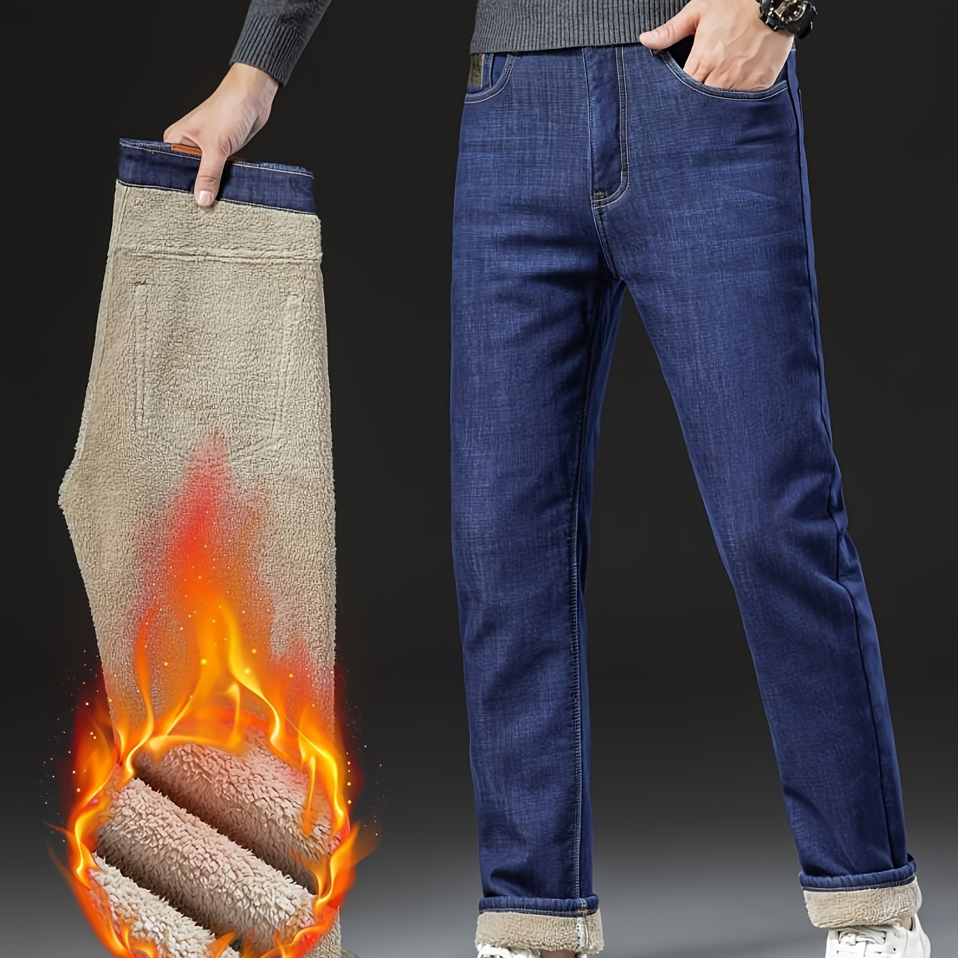 TEMU Men's Heavy-duty Winter Warm -lined Jeans - Thickened Straight-leg Denim Pants, 41% /polyester, Washed Finish, Belt-hole Waist (no Buckles), Hand Washable Cold-weather Workwear & Casual Pants