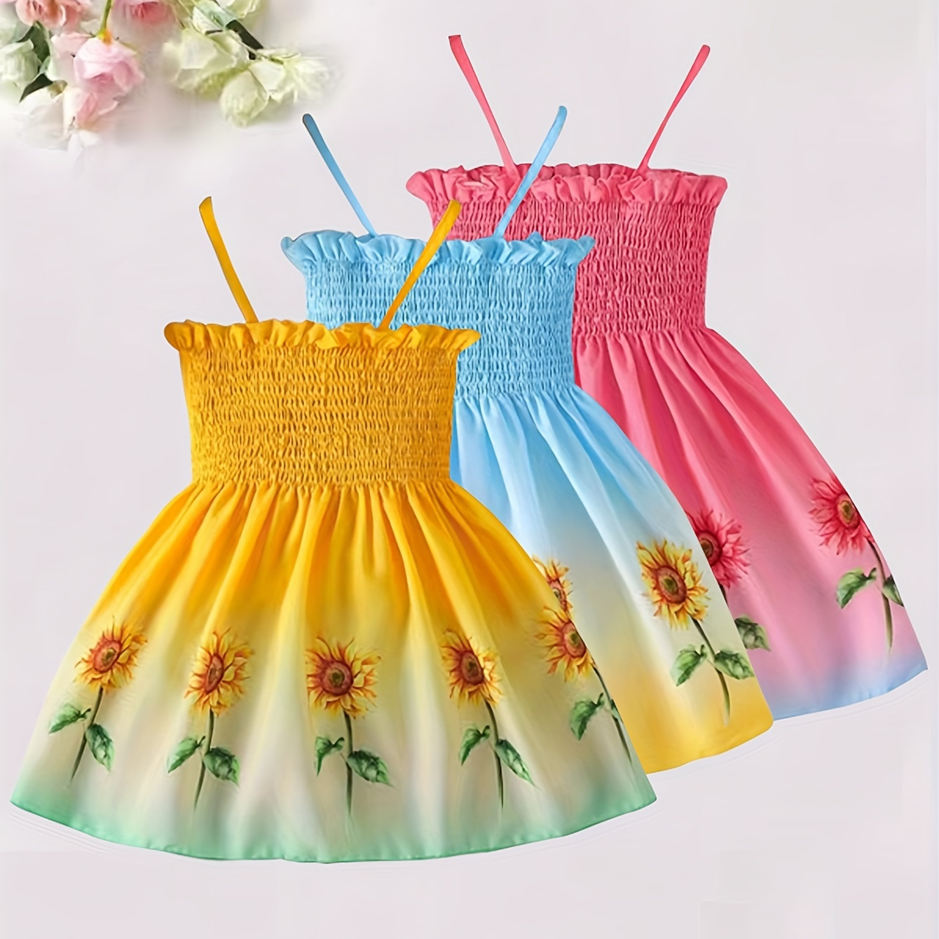 

3pcs/set, Sunflower Pattern Smocked Cami Dresses For Girls, Holiday Summer Clothing Gift