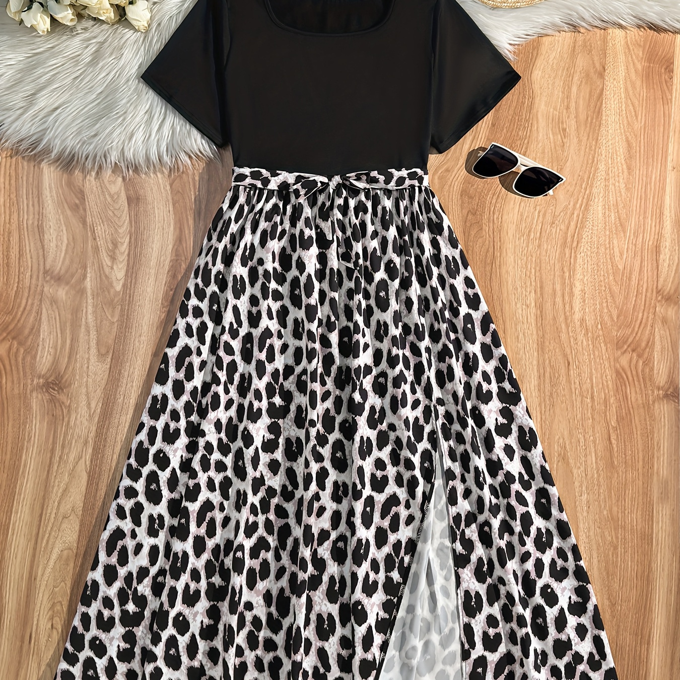 

Women's Plus Size Leopard Print Short Sleeve Dress With Belt - Elegant Round Neck Maxi Dress For , Black And White Animal Print, Flowy Skirt Design, Polyester Blend, Machine Washable