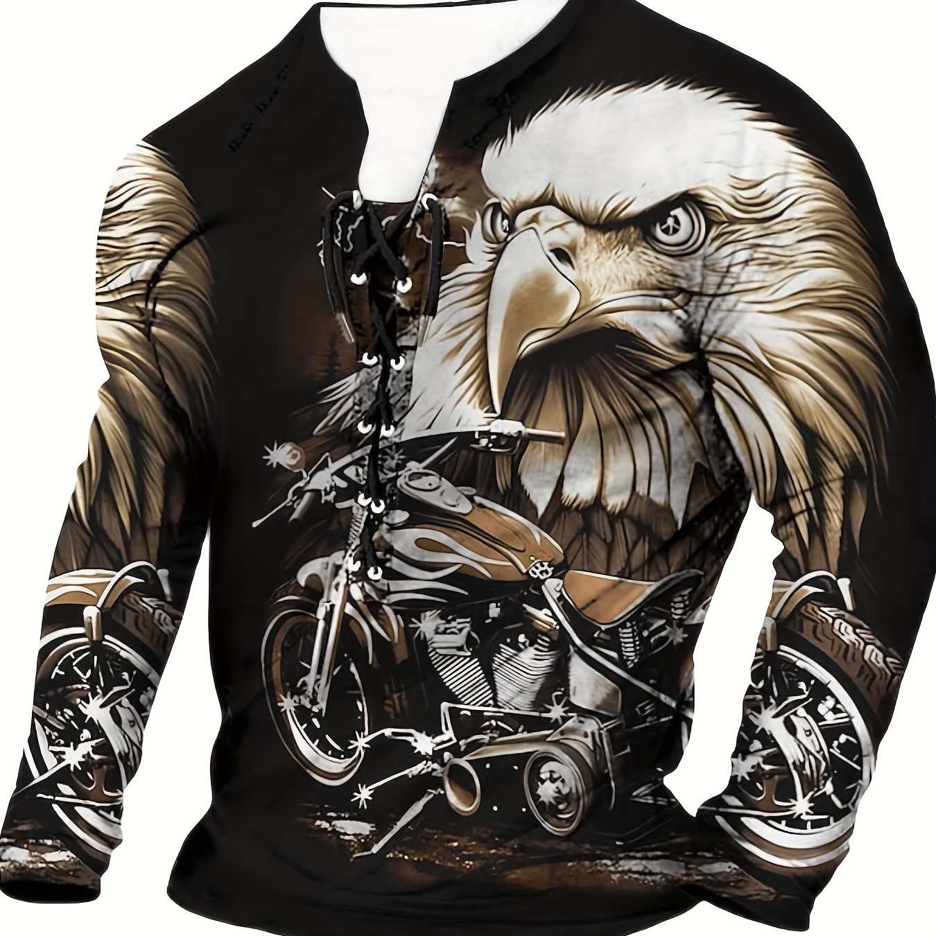

3d Eagle Pattern Print, Men's Graphic Design V Neck Long Sleeve Henley T-shirt Tee, Casual Comfy Shirts For Spring Summer Autumn, Men's Clothing Tops