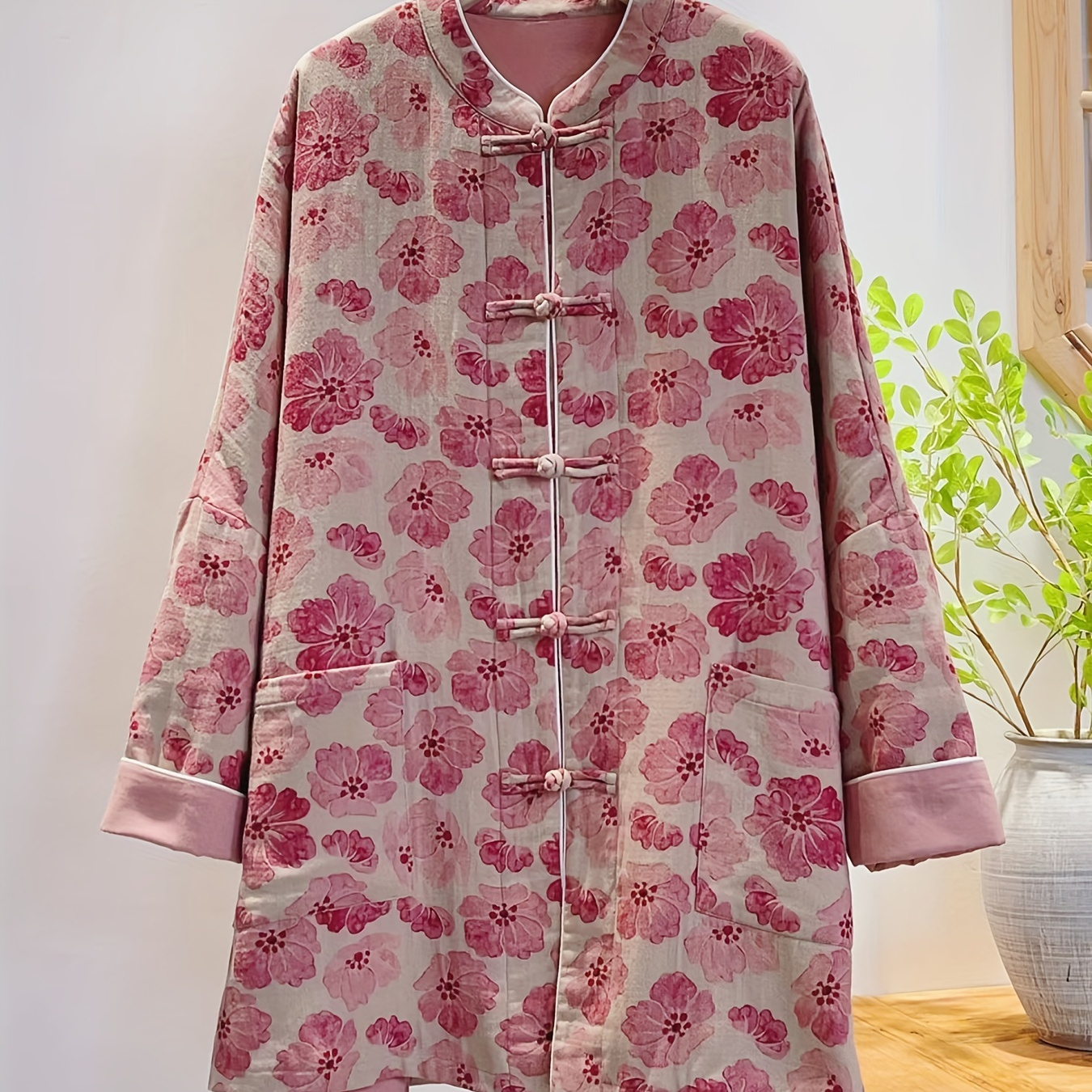 

Collar Floral Print Trench Coat, Retro Style Long Sleeve Coat, Women's Clothing