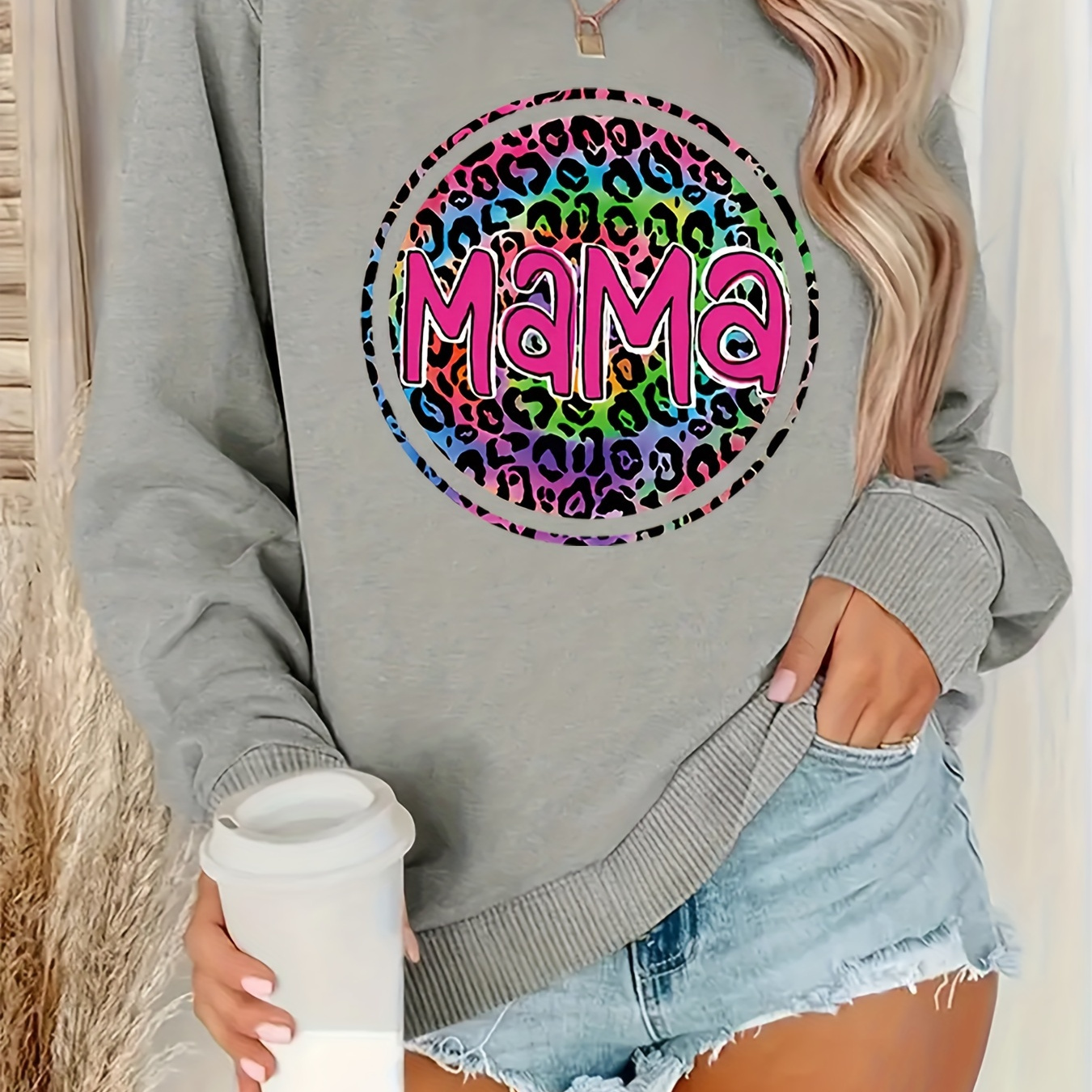 

Mama Print Sweatshirt, Long Sleeve Crew Neck Casual Sweatshirt For Winter & Fall, Women's Clothing