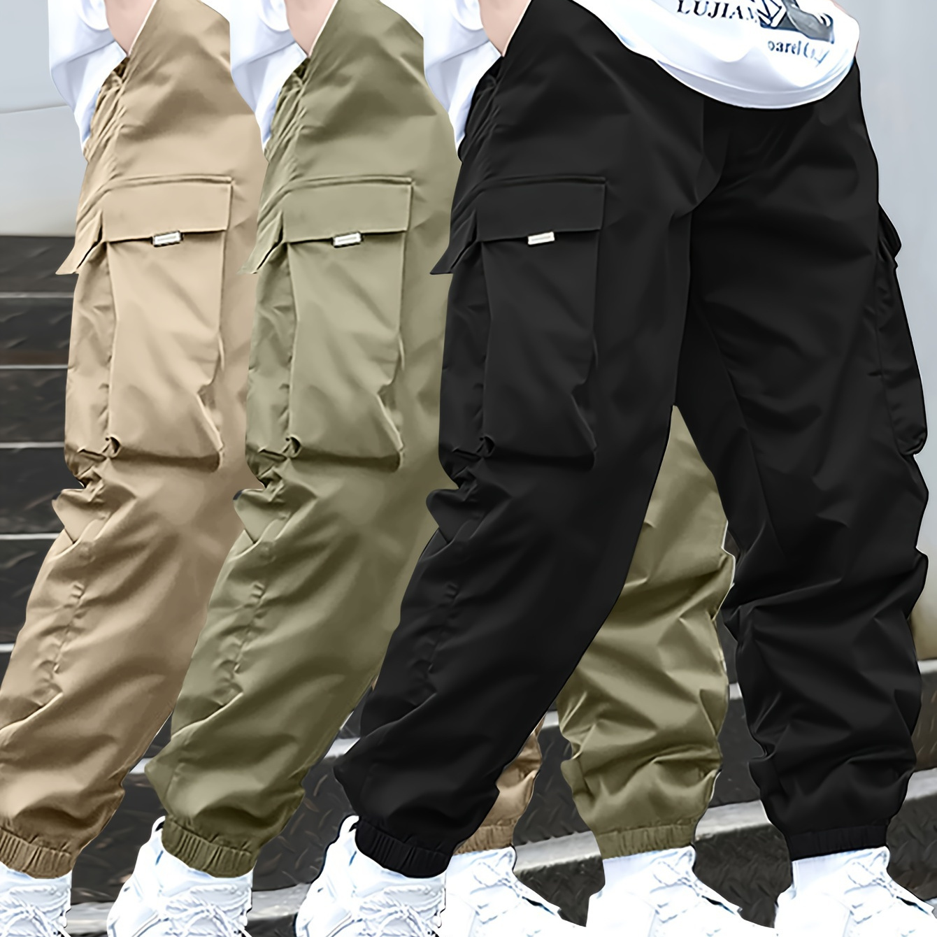 

3 Pcs Men's Solid Cargo Cropped Pants With Multi Pockets, Casual Joggers For Outdoor