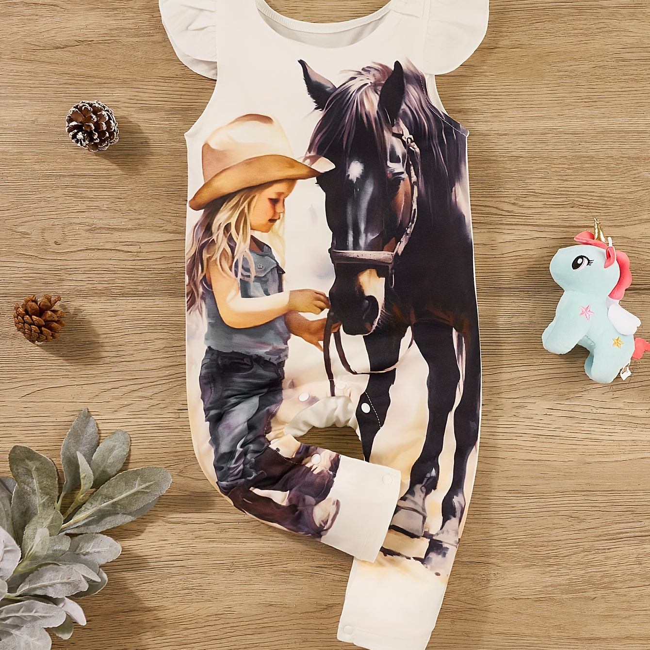 

Baby Girls Positioning Print Romper, Western Riding Print Pattern Jumpsuit, Flying Sleeve Round Neck White Jumpsuit, Newborn Baby Girl Clothes For Spring Summer