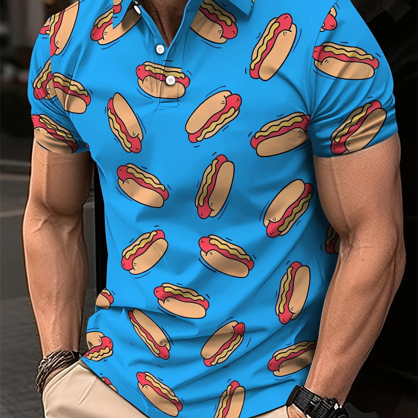 

Men's Plus Size Short Sleeve Golf T-shirt With Fancy Hot Dog Print, Versatile For Summer Vacation And Casual Wear