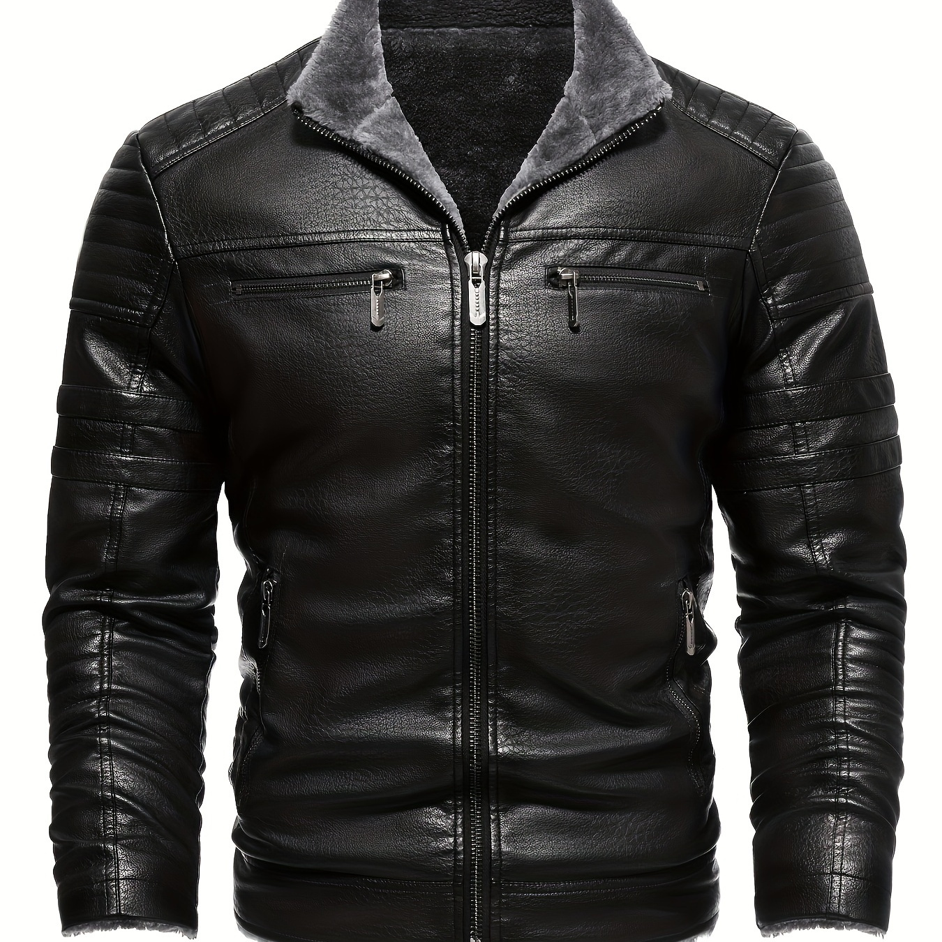 Retro PU Biker Jacket, Men's Casual Warm Fleece Zip Up Lapel Faux Leather Jacket For Fall Winter