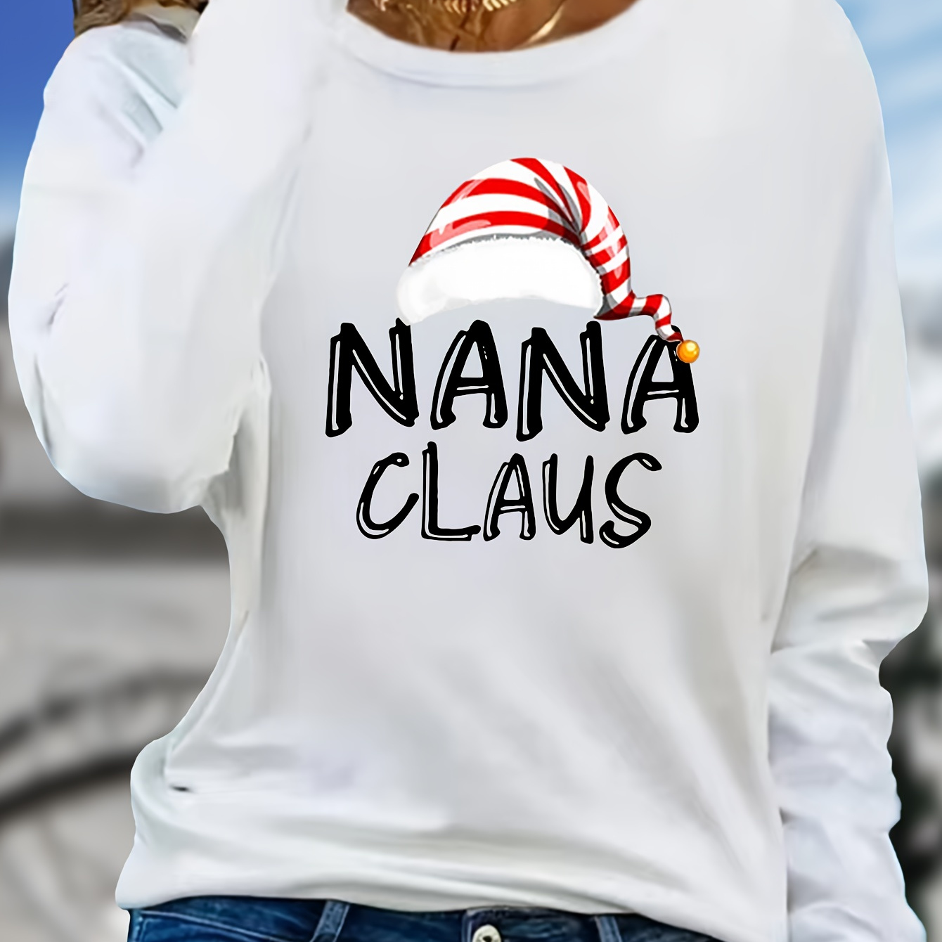 

Casual Crew Neck Long Sleeve T-shirt With Christmas Applique, Nana Claus, Knit Polyester Fabric, Regular Fit Pullover For Spring/fall