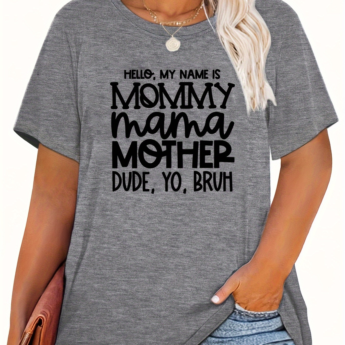 

1pc Women's Plus Size Casual T-shirt With Funny "mommy Mama Mother Dude Yo " Lettering, Round Neck, Knitted Fabric, Rayon Viscose , Stretchy, For Halloween And Back To