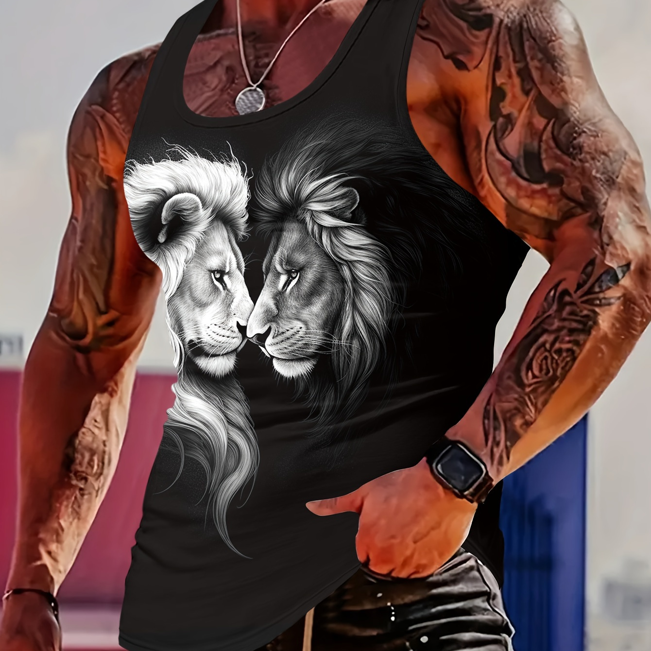 

Men's Trendy Crew Neck Graphic Tank Top With Fancy Lion Prints, Street Style For Summer Wear