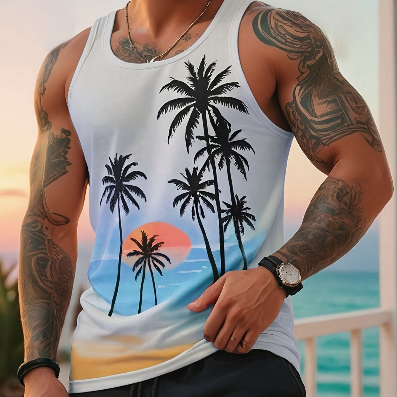 

Men's Street Style Polyester Tank Top With Palm Tree Sunset Print, All-season Knit Fabric, Button Detail, Slight Stretch, Regular Fit Tank Top