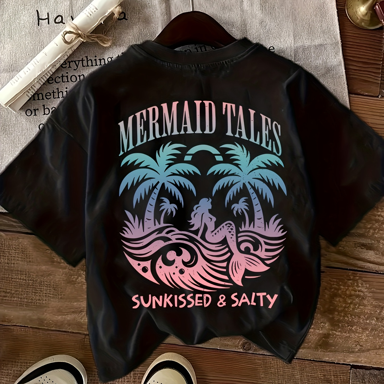 

Mermaid Print T-shirt, Short Sleeve Crew Neck Casual Top For Summer & Spring, Women's Clothing