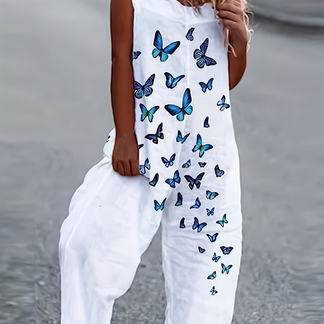

Butterfly Print Square Neck Overall Jumpsuit, Casual Button Decor Sleeveless Backless Overall Jumpsuit For Spring & Summer, Women's Clothing