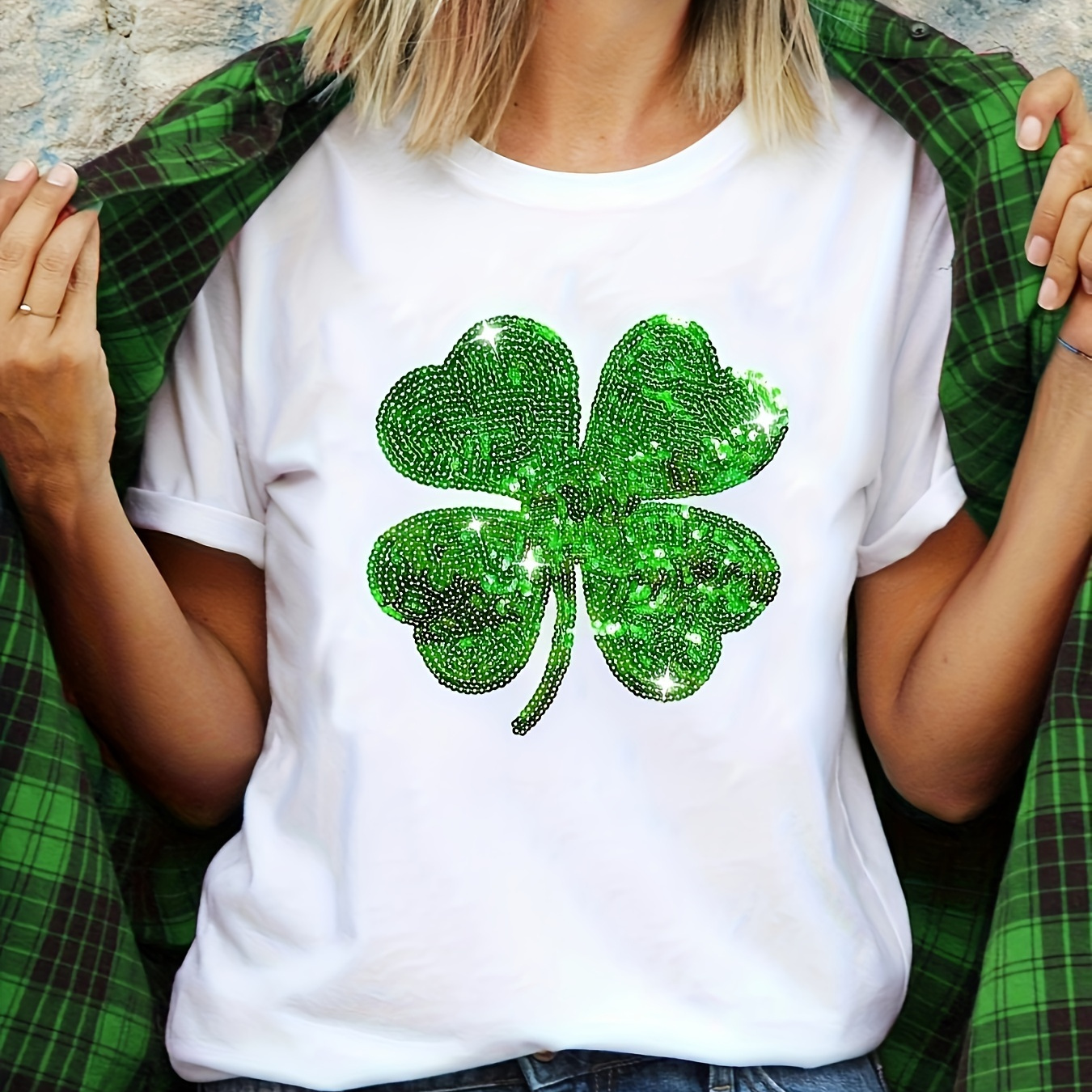 

Clover Print T-shirt, Short Sleeve Crew Neck Casual Top For Summer & Spring, Women's Clothing