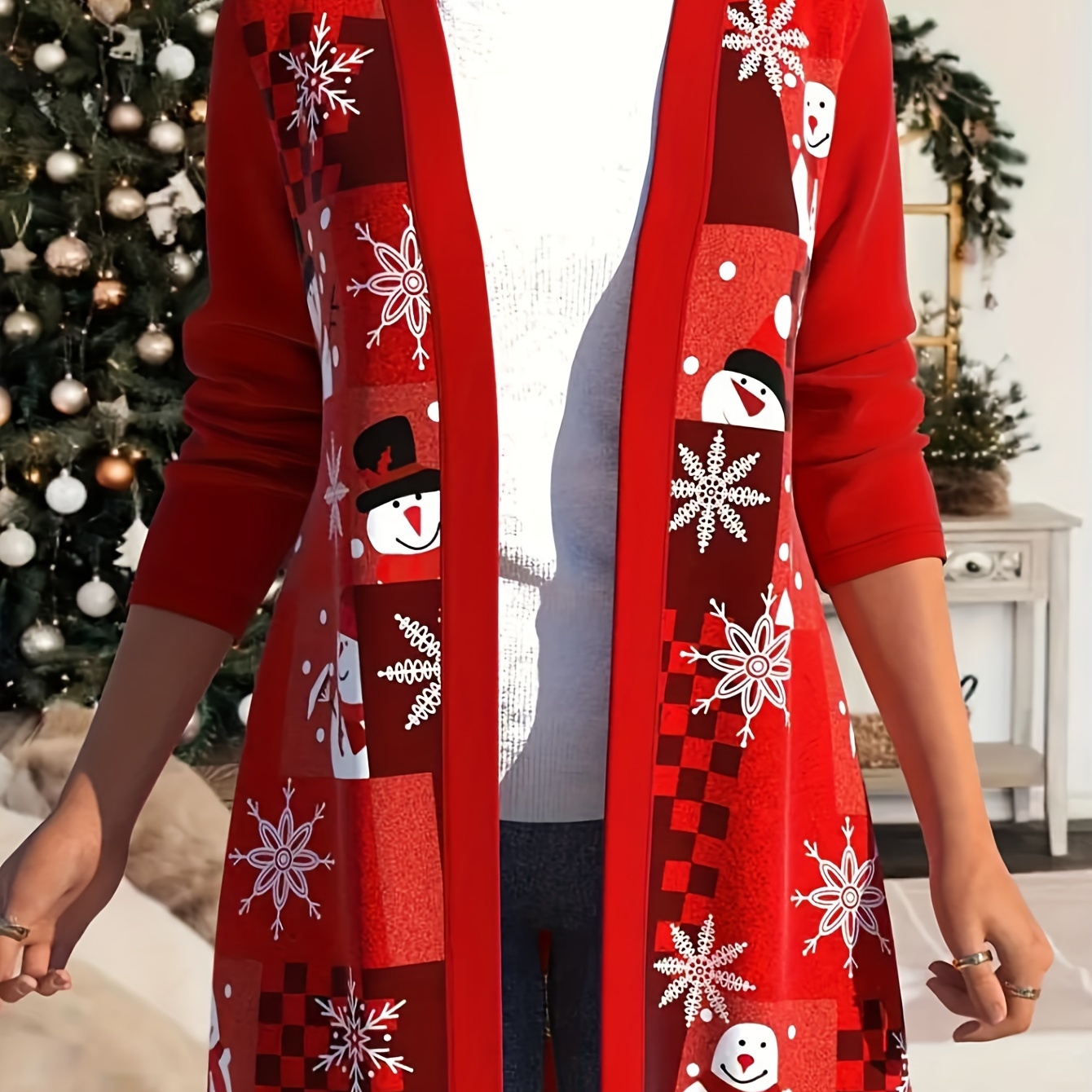 Plus Size Christmas Casual Cardigan, Women's Plus Graphic Print Long Sleeve Open Front Cardigan