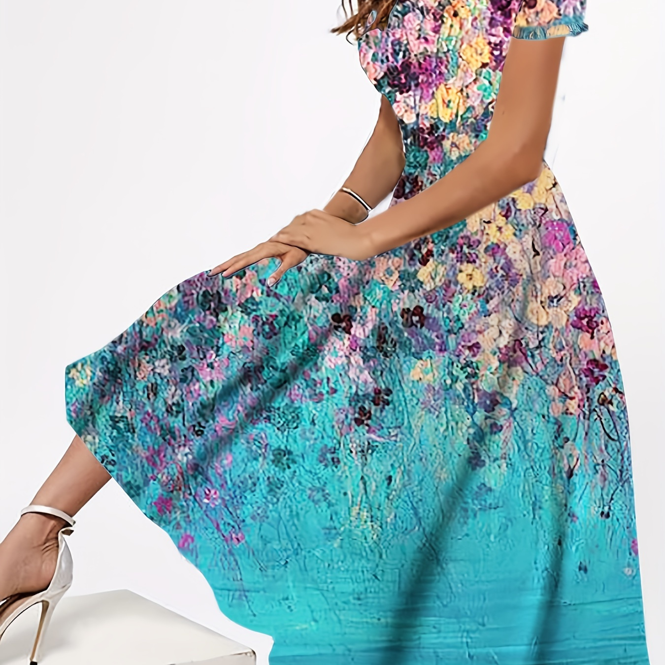 

Floral Print Crew Neck Dress, Elegant Short Sleeve A-line Dress For Spring & Summer, Women's Clothing