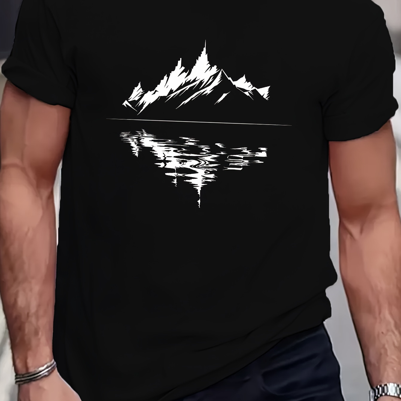 

Mountains And Reflection Print T Shirt, Tees For Men, Casual Short Sleeve T-shirt For Summer