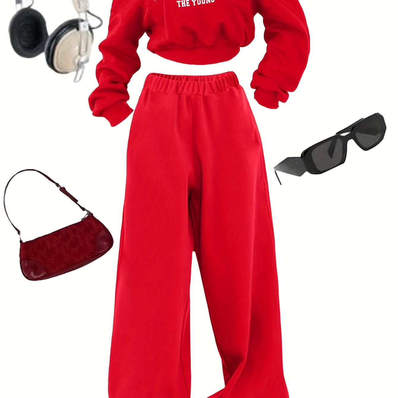 

Cool College-style Short Off-shoulder Sweatshirt Set For Girls, With Loose Wide-leg Straight Pants Featuring Letter Prints, For Outdoor