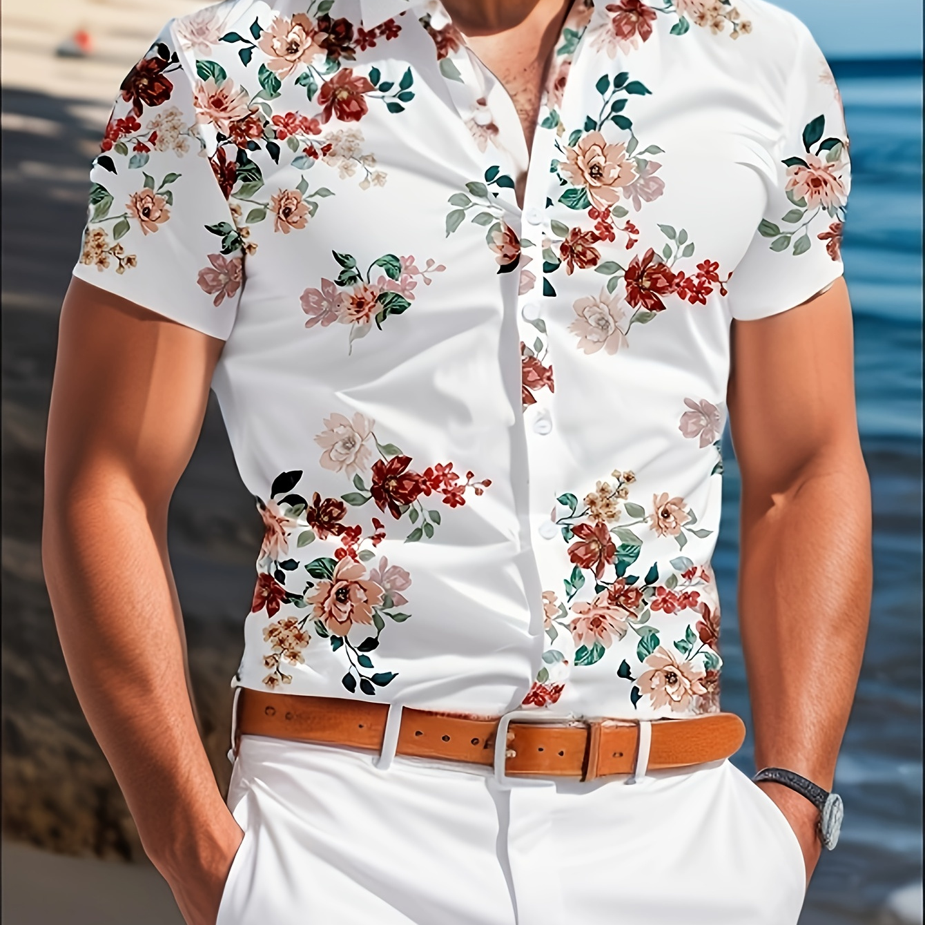 

Chemise à manches courtes à imprimé floral pour homme, chemise à revers boutonnée décontractée pour l'été, les tenues quotidiennes et les vacances