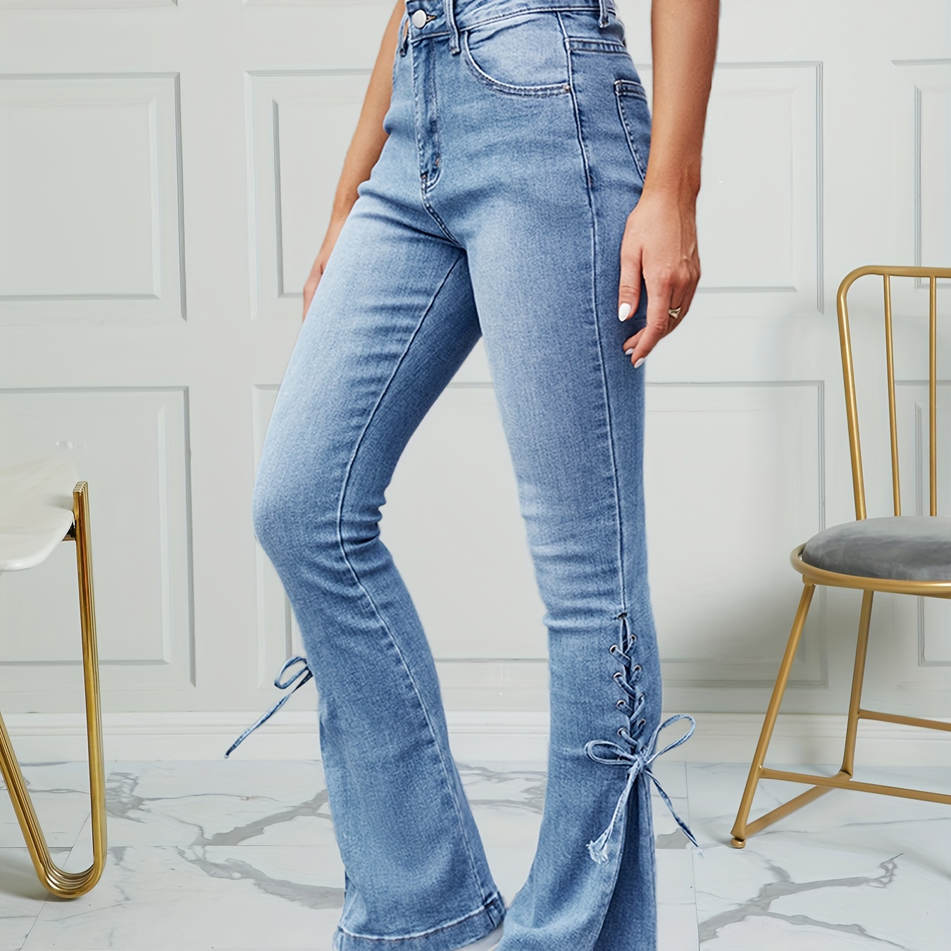 Lace Tie Side Bootcut Jeans High Strech Washed Bow Bell - Temu