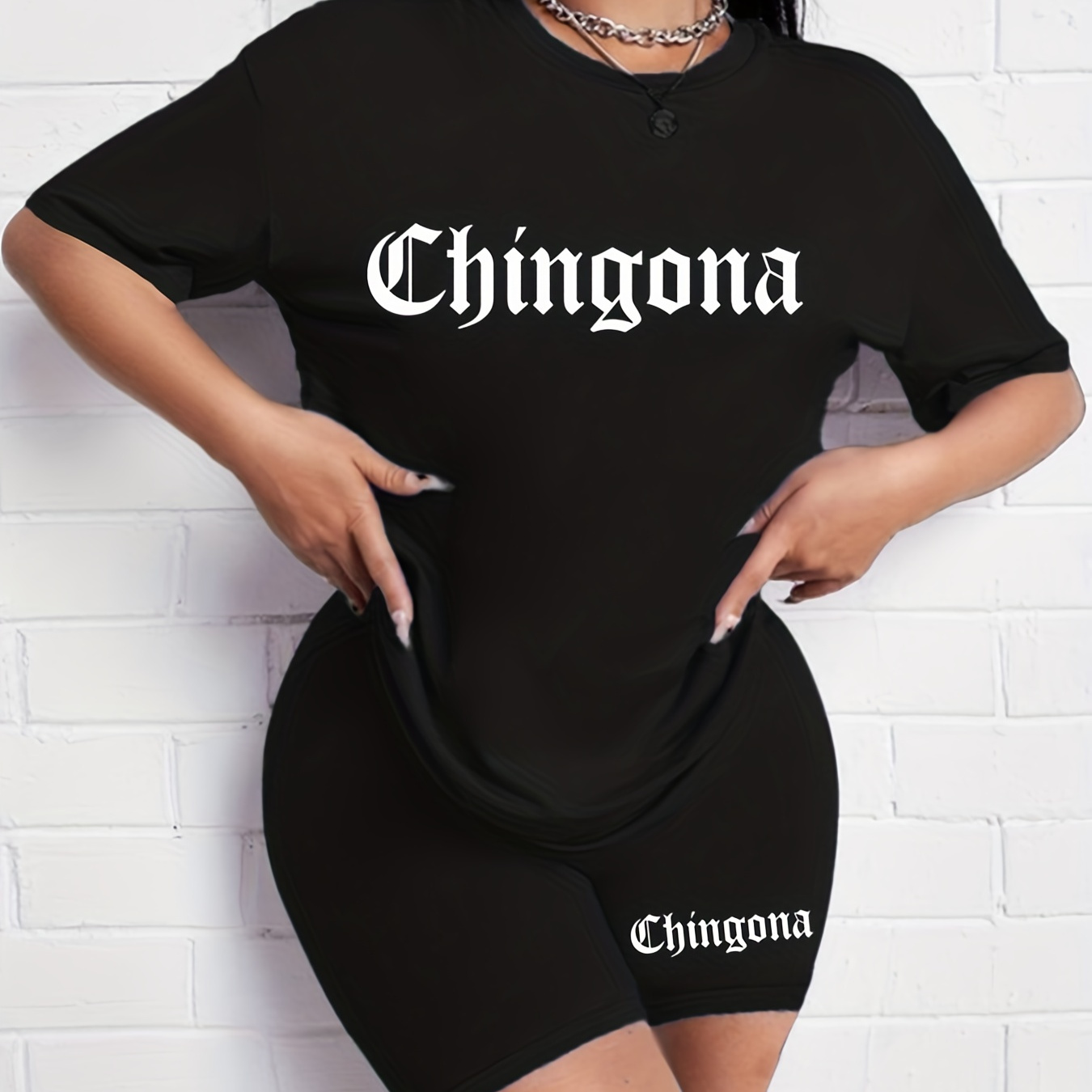 

Chingona Print Two-piece Set, Short Sleeve T-shirt & Biker Shorts, Casual 2pcs Outfit For Spring & Summer, Women's Clothing