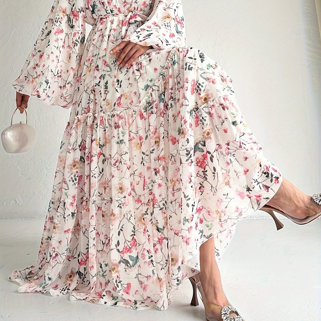 

Floral Print Crew Neck Kaftan Dress, Elegant Long Sleeve Maxi Dress, Women's Clothing