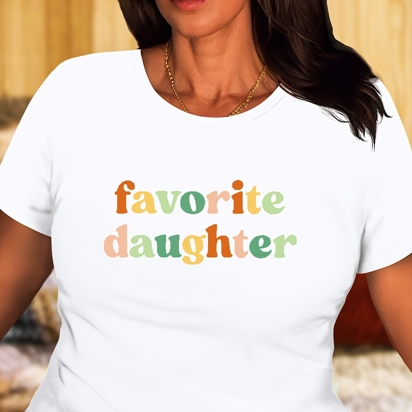

Plus Size Favorite Daughter Print T-shirt, Short Sleeve Crew Neck Casual Top For Summer & Spring, Women's Plus Size Clothing