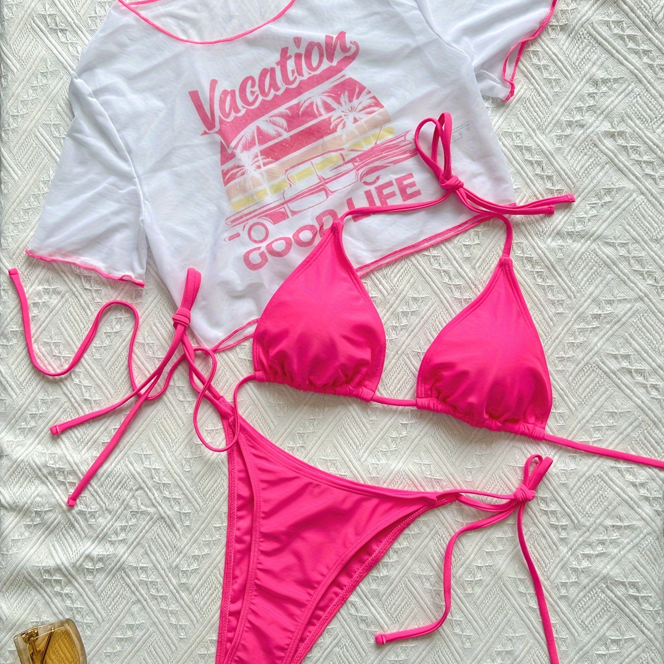 

3-piece Bikini Set With Vacation Print, Includes Crop Top Sun Protection, Adjustable , Pink And White
