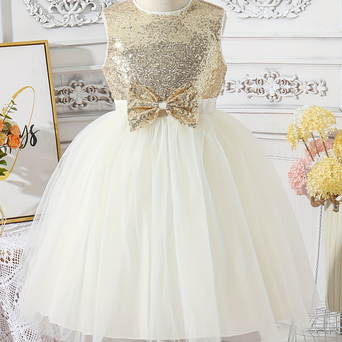 

Elegant Girls Sequin Bow Decor Sleeveless Princess Tutu Dress Mesh Dress For Party Performance Gift