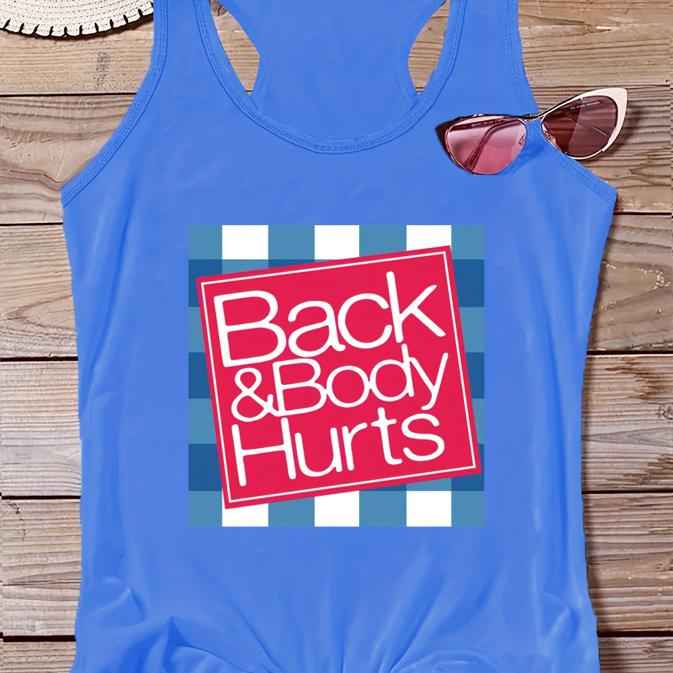 

Women's Casual Crew Neck Tank Top, Polyester Knit Fabric, Summer Style, With "back & Body Hurt" Alphabet Print