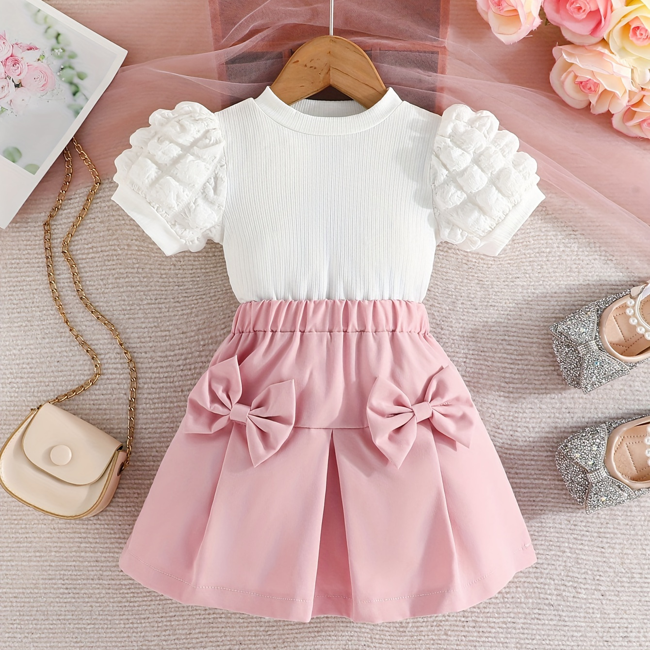 

Elegant Girls 2pcs Solid Puff Short Sleeve T-shirt + Skirt Set Summer Clothes Gift