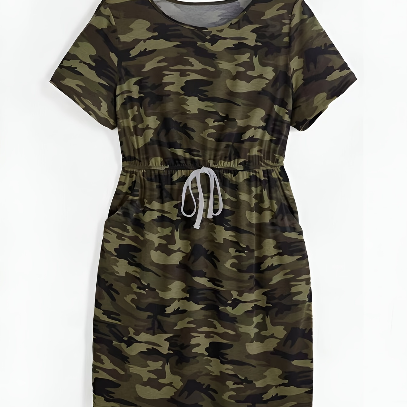 

Plus Size Camo Print Dress, Casual Short Sleeve Crew Neck Dress For Spring & Summer, Women's Plus Size clothing