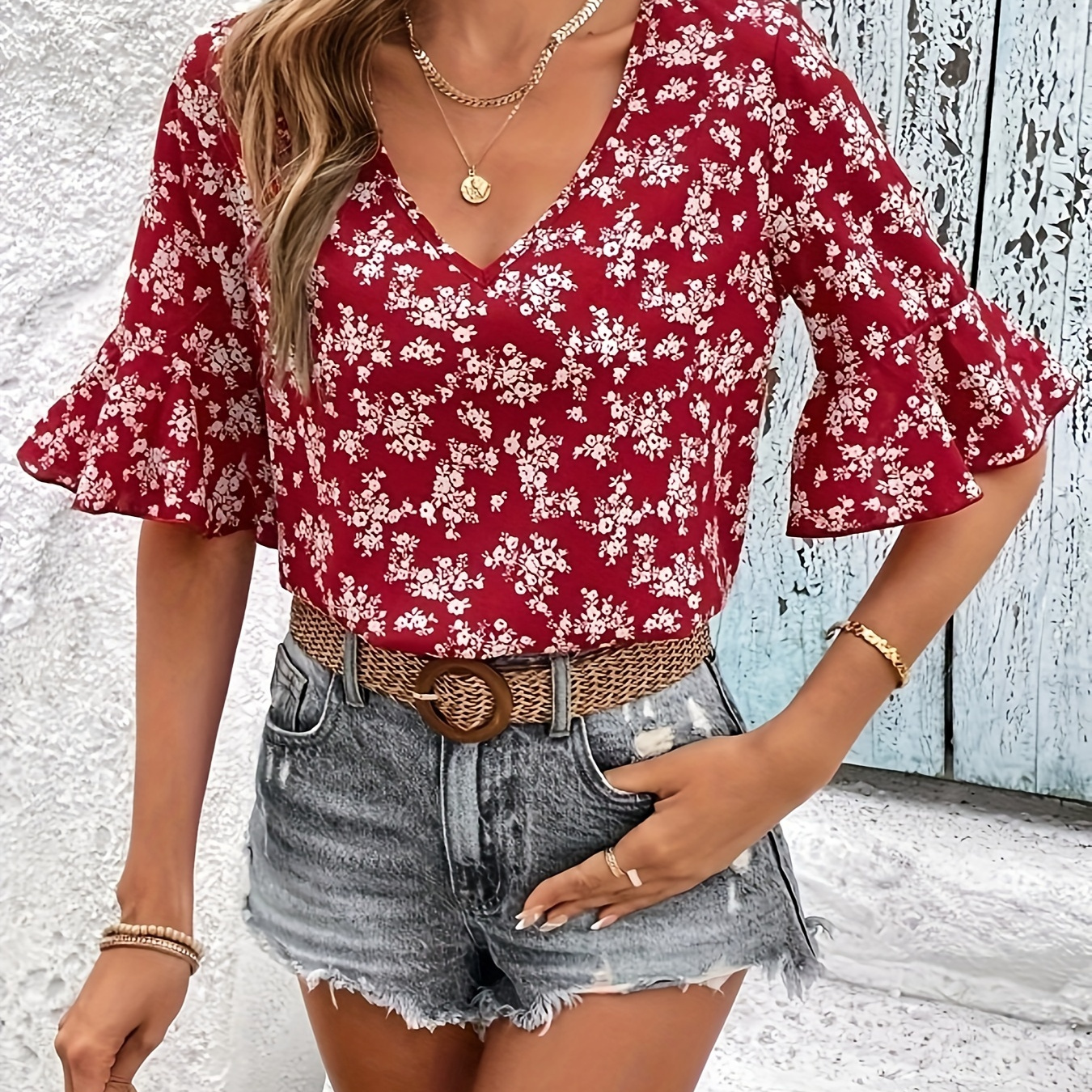 

Floral Print Ruffle Sleeve Blouse, Elegant Plunging Neck Blouse For Spring & Summer, Women's Clothing