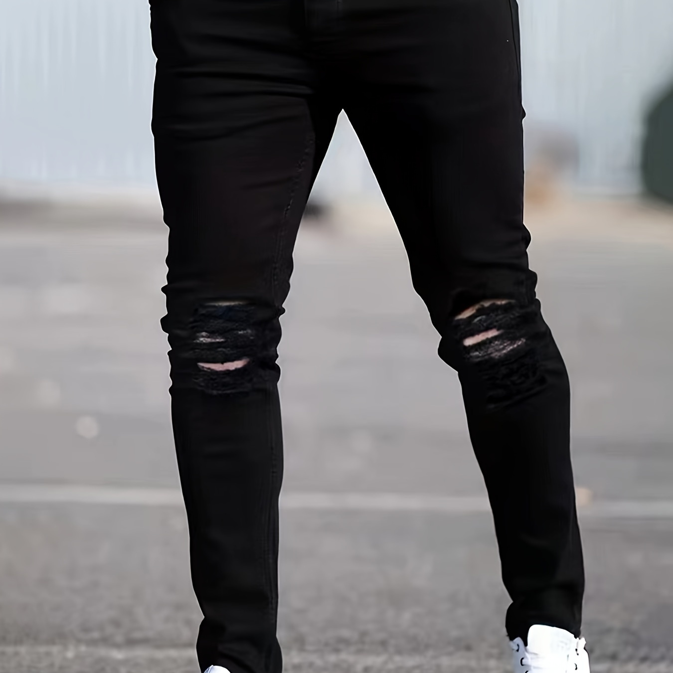 

Chic Ripped Skinny Jeans, Men's Casual Street Style Distressed Medium Stretch Denim Pants