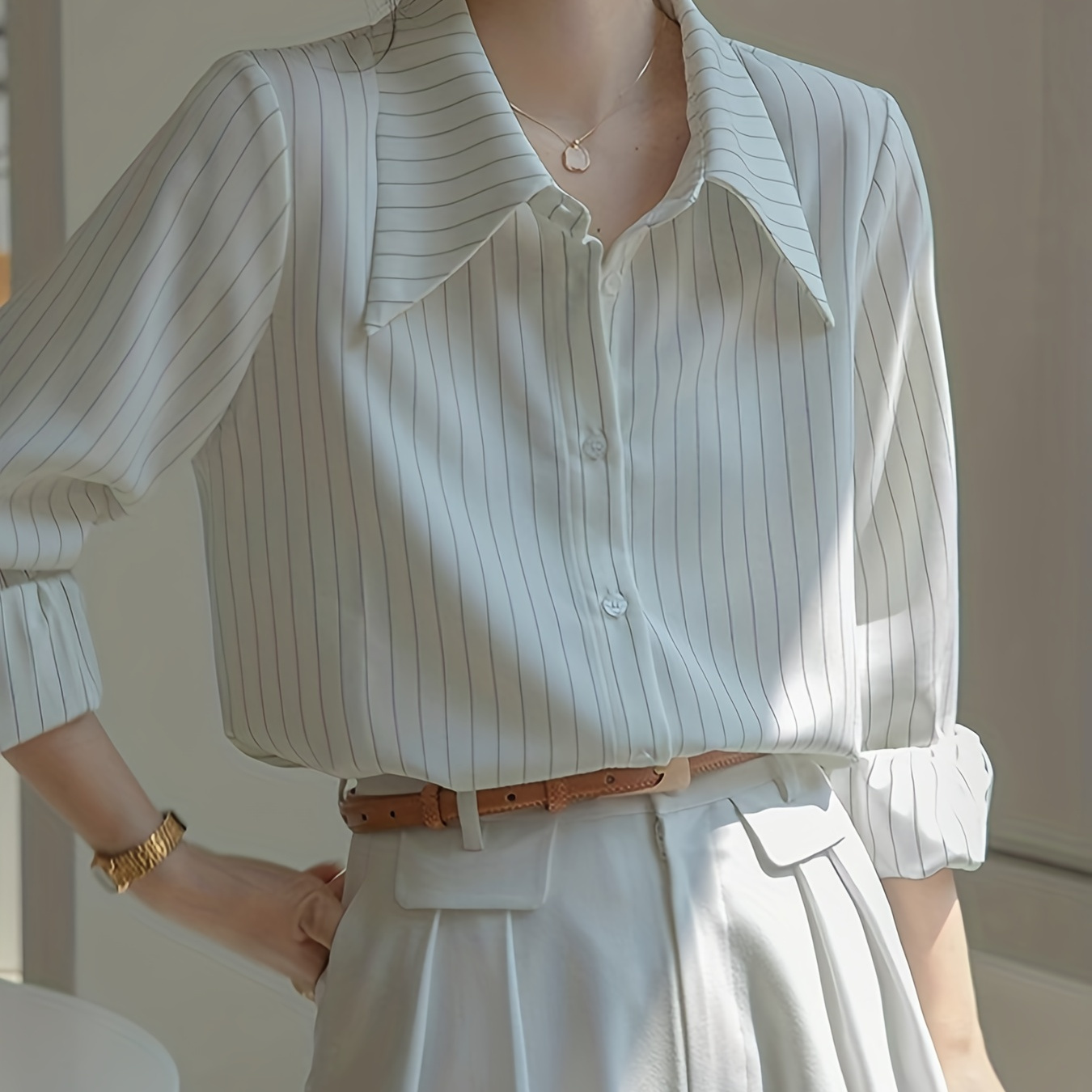 

Striped Print Button Front Shirt, Business Casual Long Sleeve Shirt, Women's Clothing