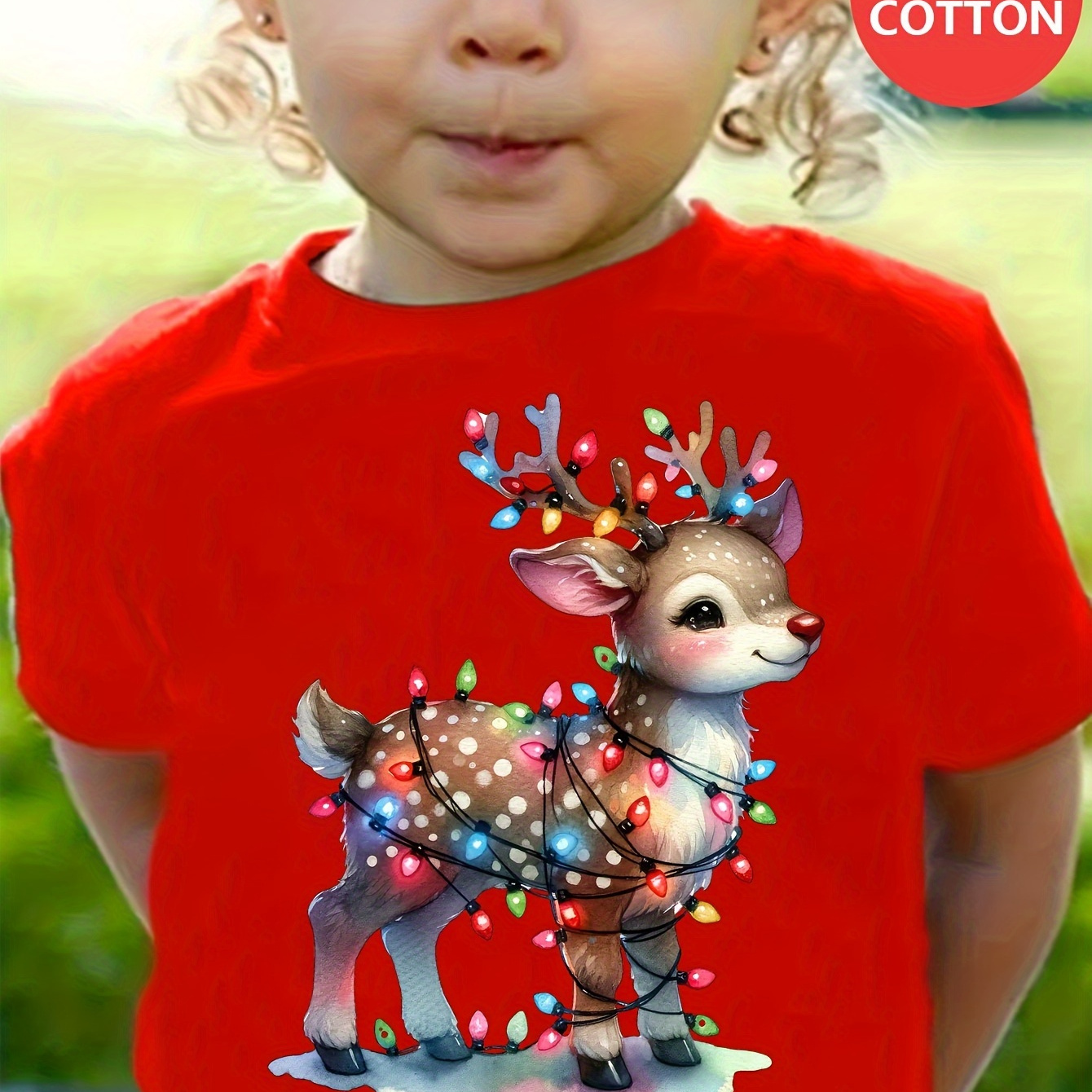 

Christmas Adorable Reindeer With Colored Lights Print Girl's Comfy Short Sleeves Crew Neck Cotton T-shirt, Casual Tee For Outdoor Activities And , Summer Essential