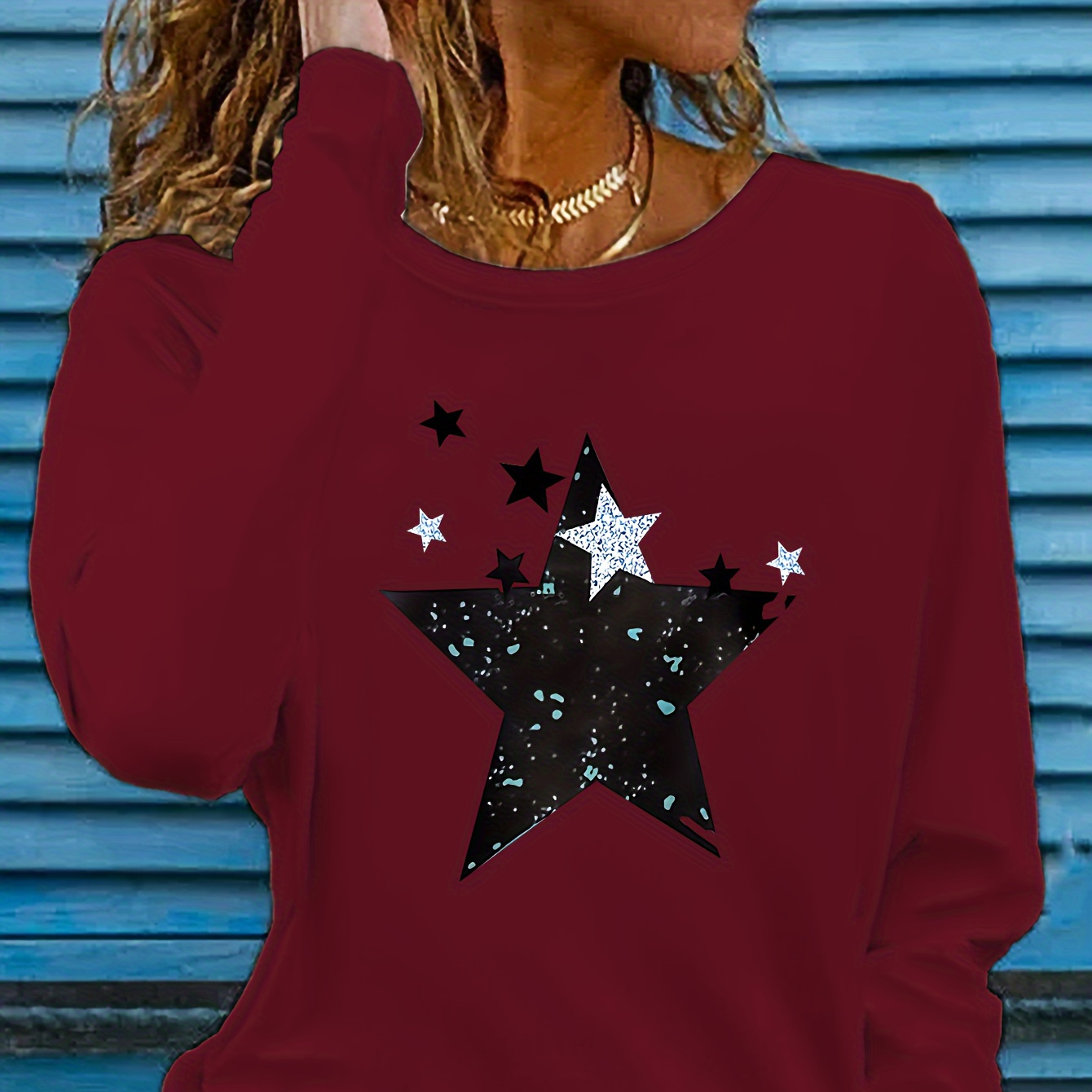 

Women's Casual Long Sleeve T-shirt With Star And Moon Print, Polyester Knit Fabric, Round Neck, Slim Fit, Pullover Style, Wear
