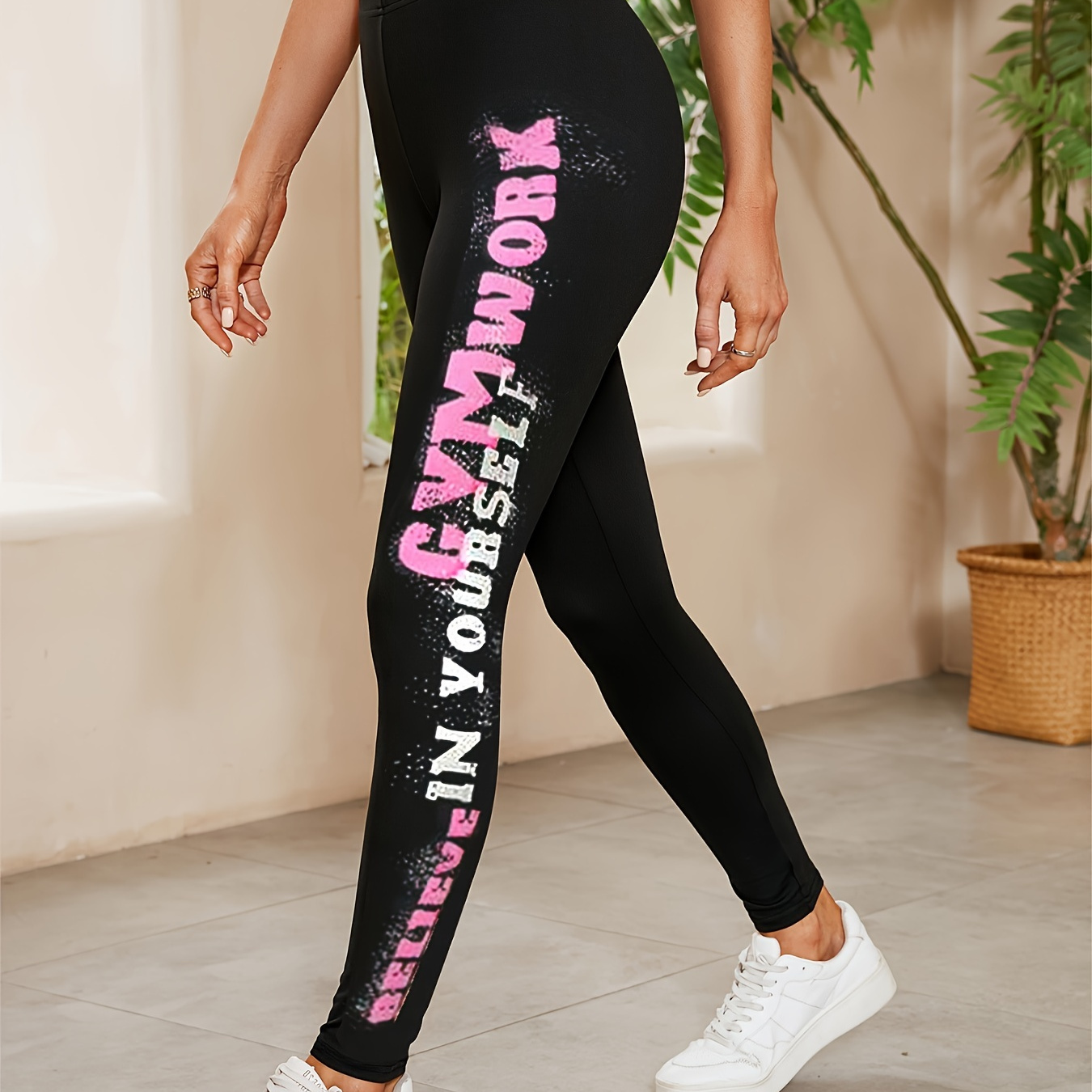 

Letter Print High Waist Leggings, Casual Medium Stretch Skinny Leggings For , Women's Clothing