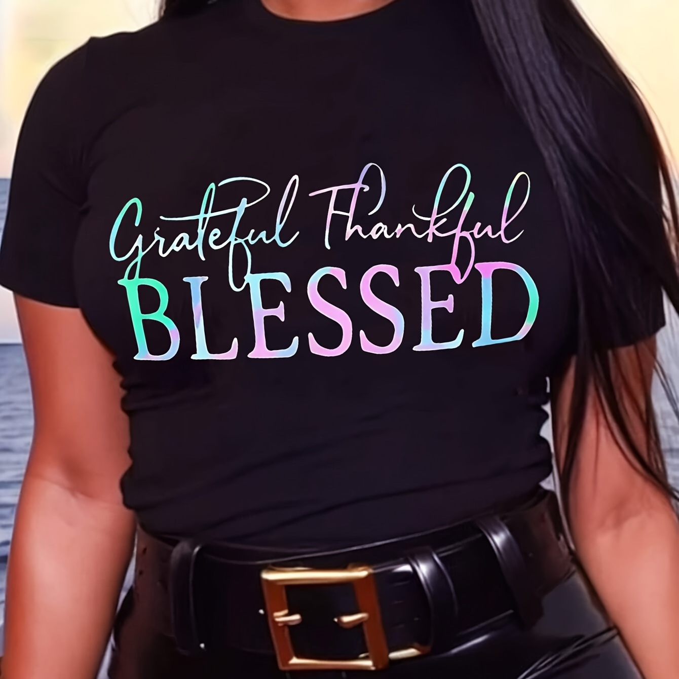 

Plus Size Blessed Print T-shirt, Casual Crew Neck Short Sleeve T-shirt, Women's Plus Size clothing