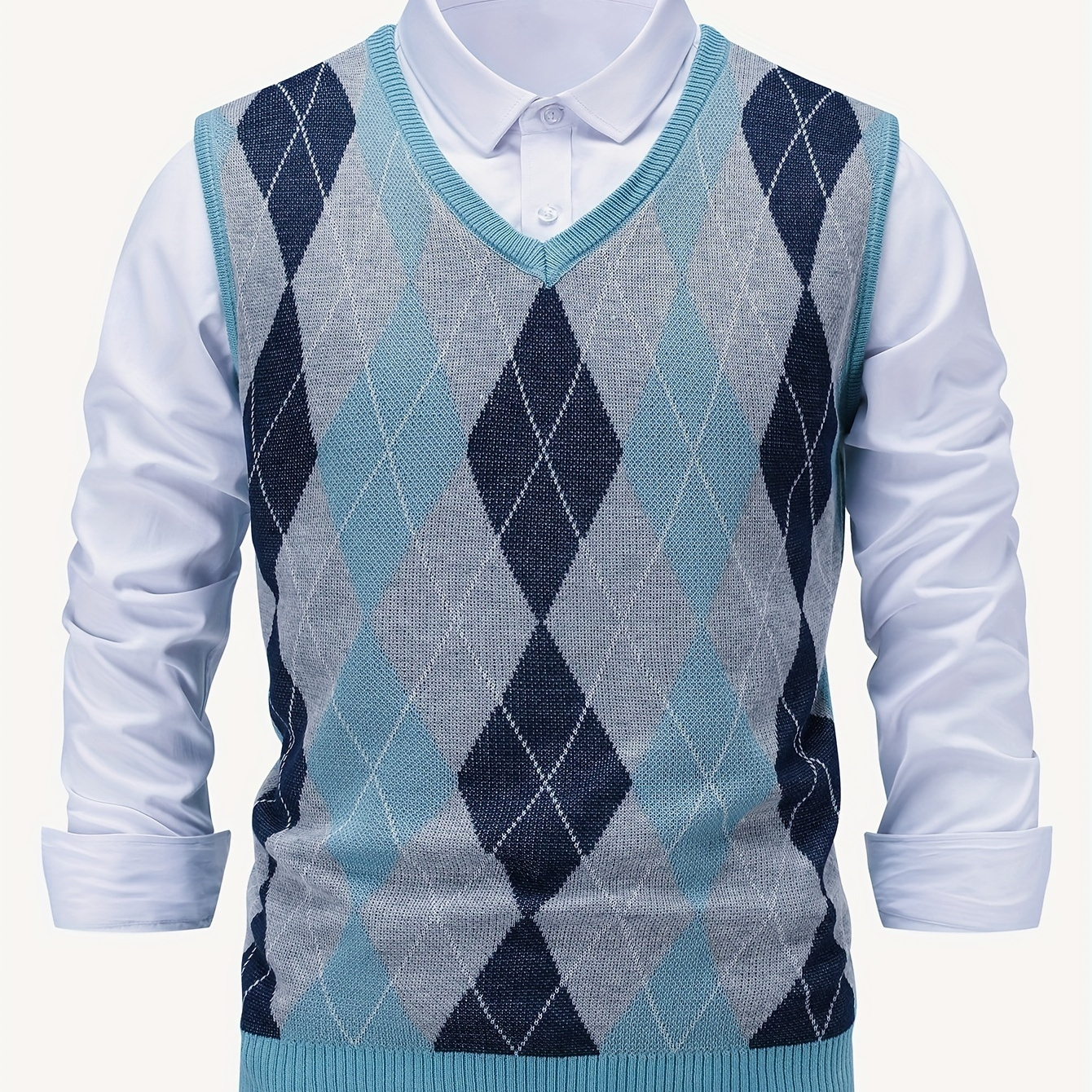 

Men's Casual Argyle Pattern Knit Vest, Polyester , V-neck, Rib-knit Sleeveless Pullover, Regular Fit, Geometric-pattern Knitted Fabric, With Long Sleeve Shirt, For Top