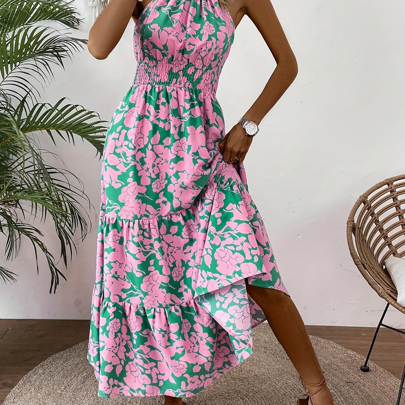 

Floral Print Halter Maxi Dress, Vacation Sleeveless Tiered Ruffle Hem Dress, Women's Clothing
