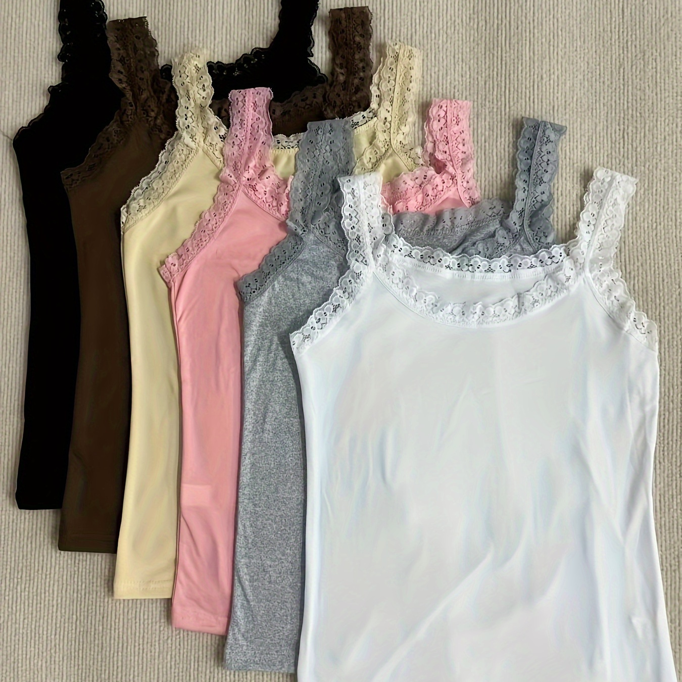 

6pcs Elegant Lace-trimmed Camisole Tops For Women - Lightweight, Sleeveless Vest In Assorted Colors With Lace Detailing, Polyester & Elastane , Hand Washable